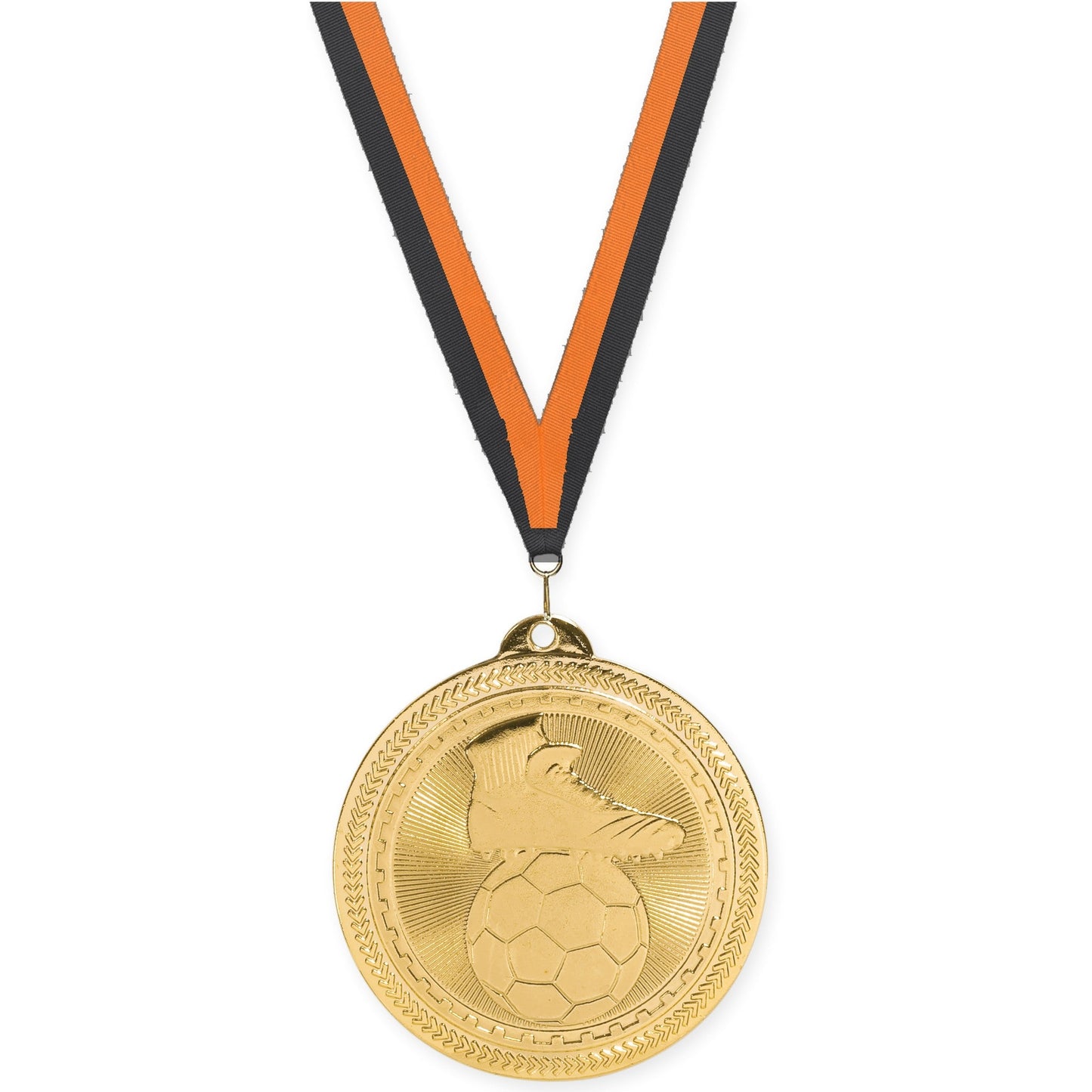 2 inch soccer medal in bright gold with Black Orange neck ribbon