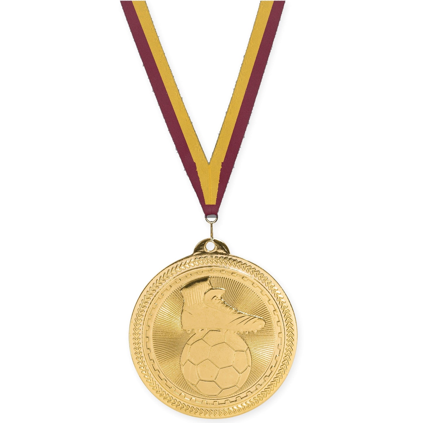 2 inch soccer medal in bright gold with Maroon Gold neck ribbon