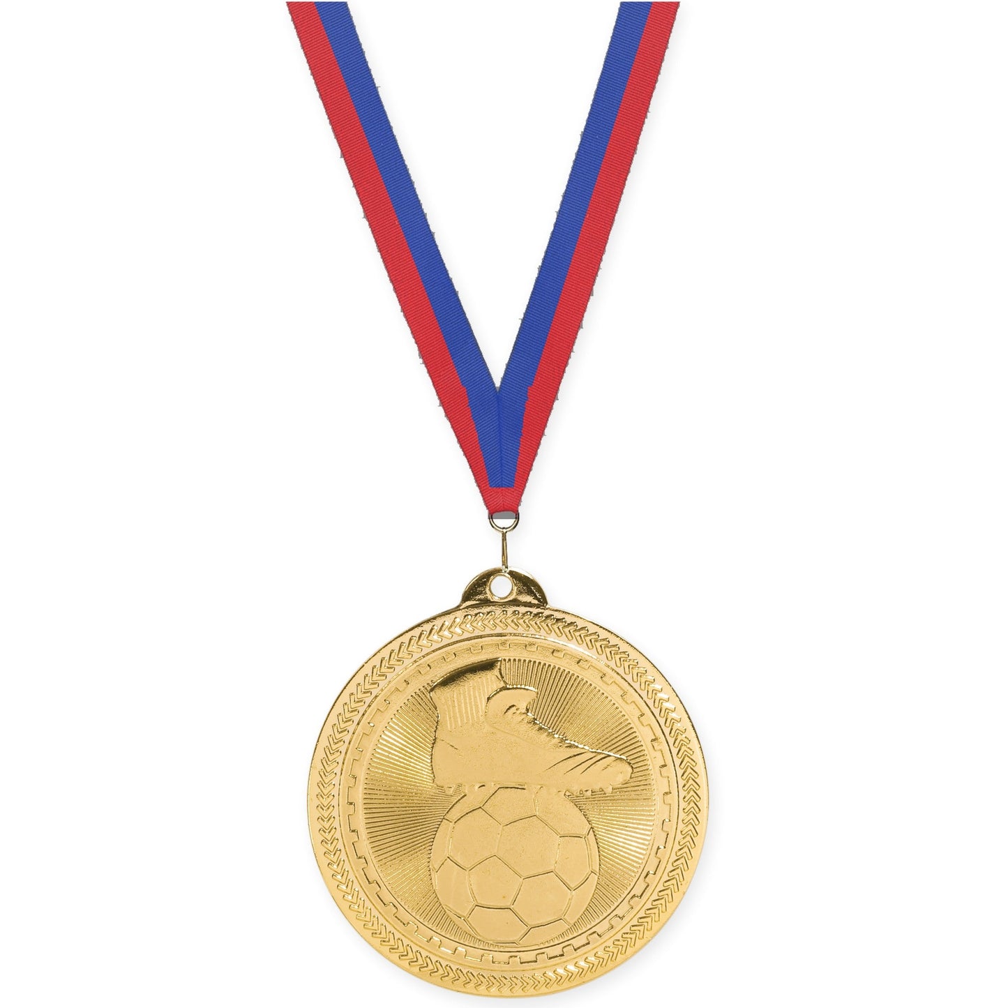 2 inch soccer medal in bright gold with Blue Red neck ribbon