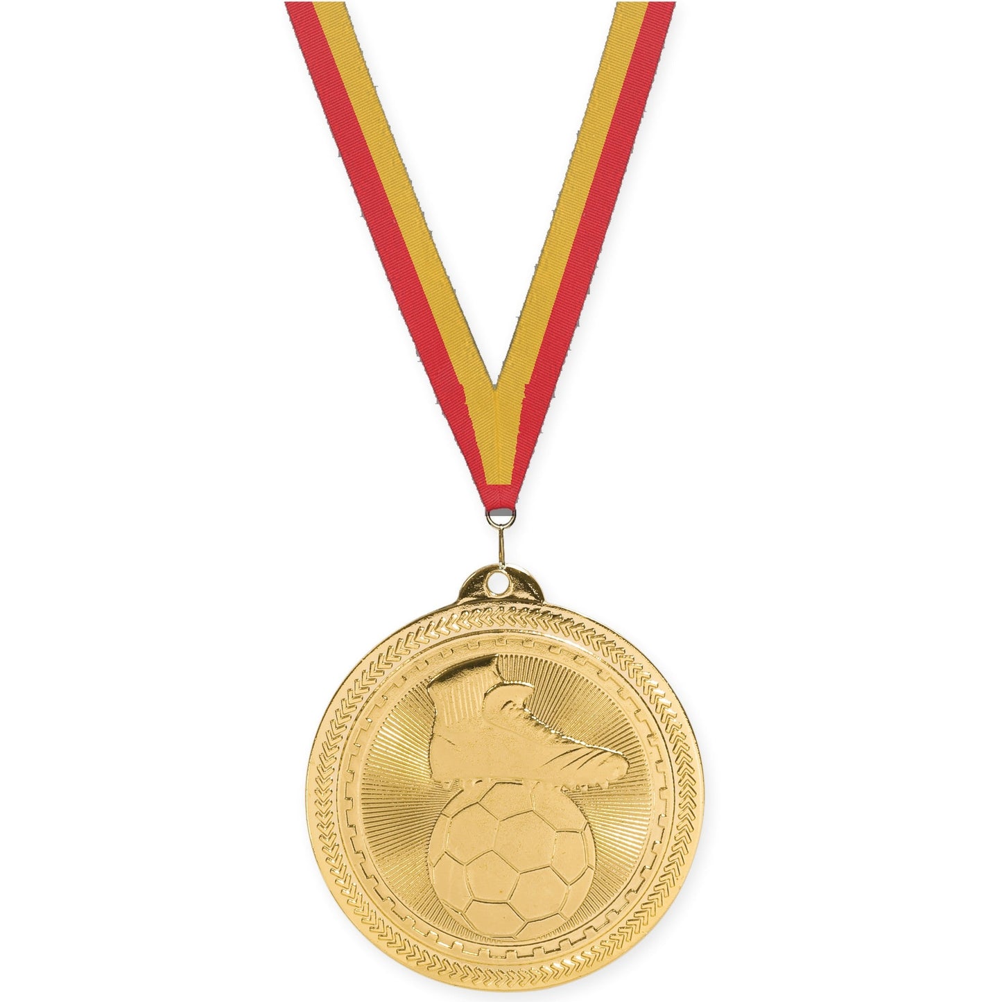2 inch soccer medal in bright gold with Red Gold neck ribbon