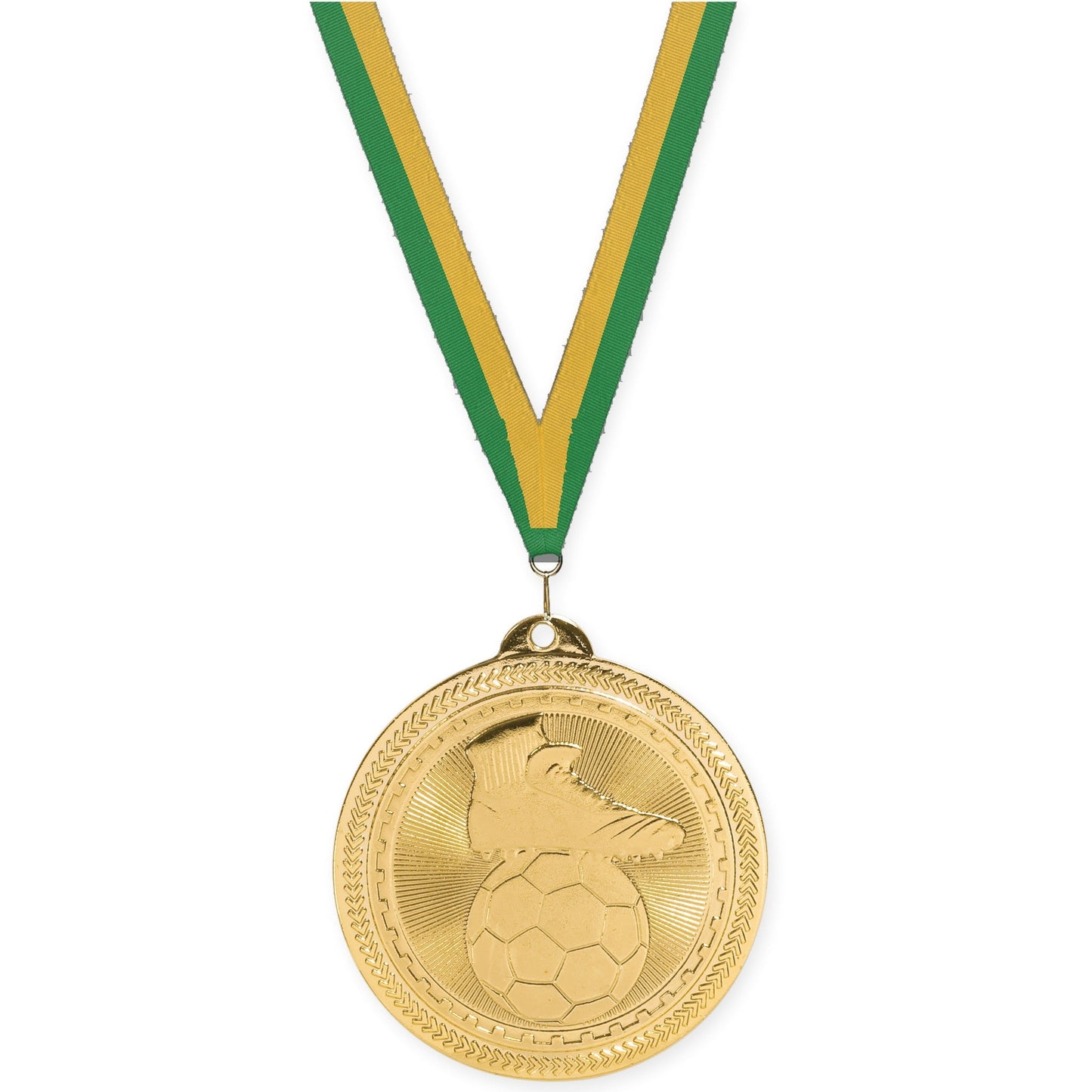 2 inch soccer medal in bright gold with Green Gold neck ribbon
