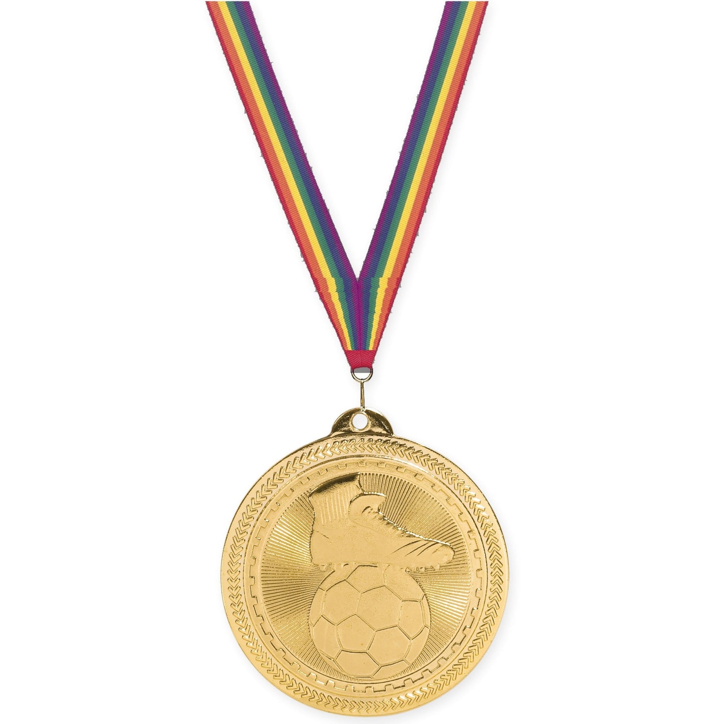 2 inch soccer medal in bright gold with Rainbow neck ribbon