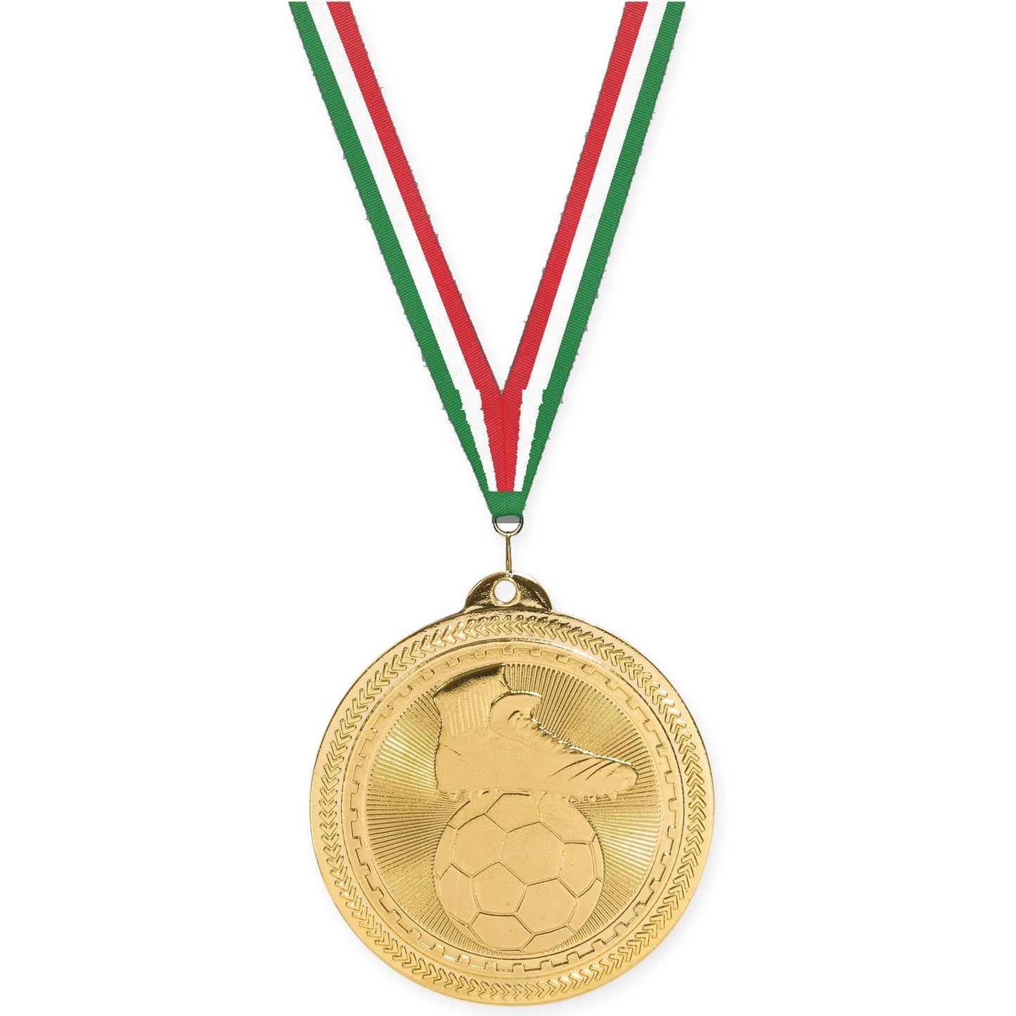 2 inch soccer medal in bright gold with Green White Red neck ribbon