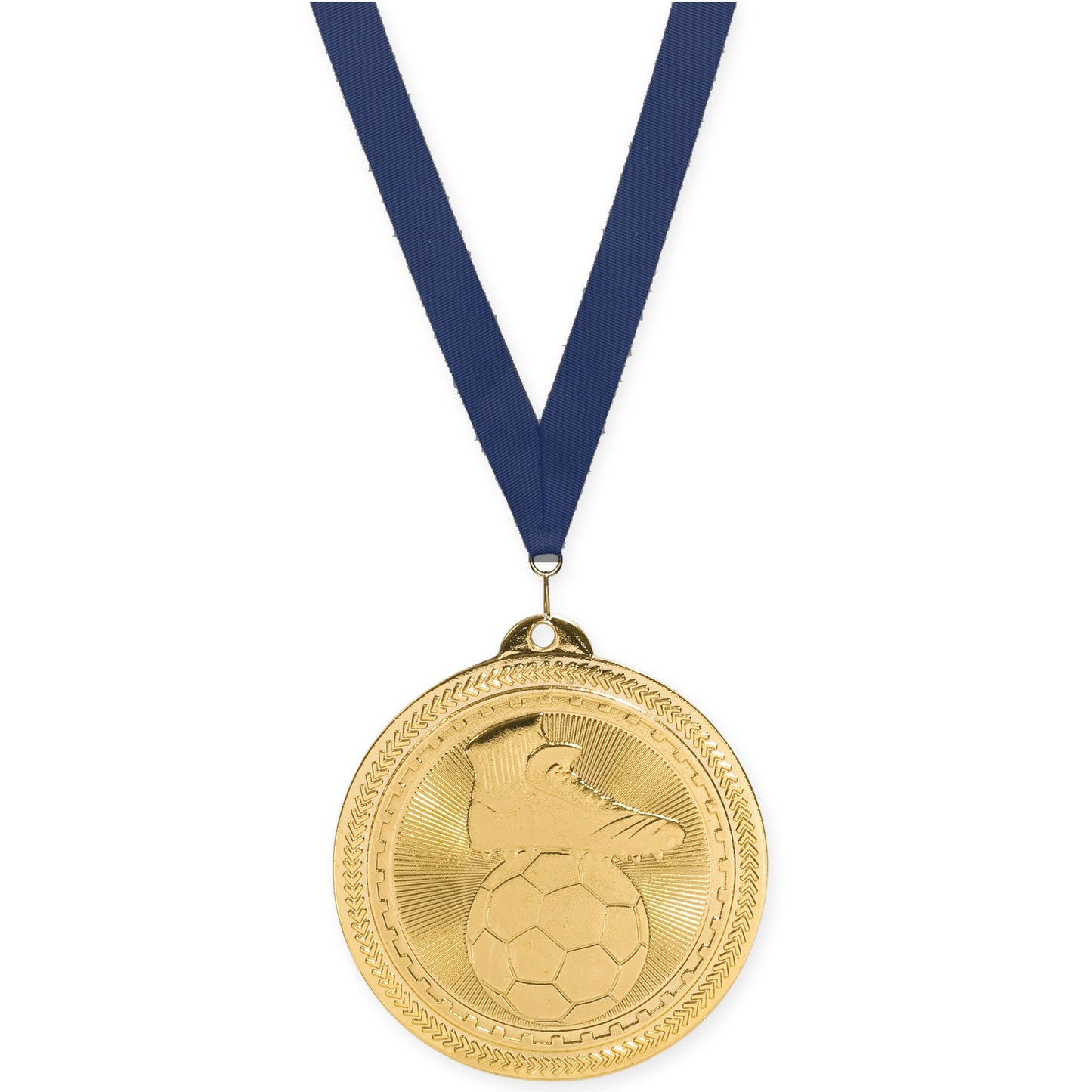 2 inch soccer medal in bright gold with Navy neck ribbon