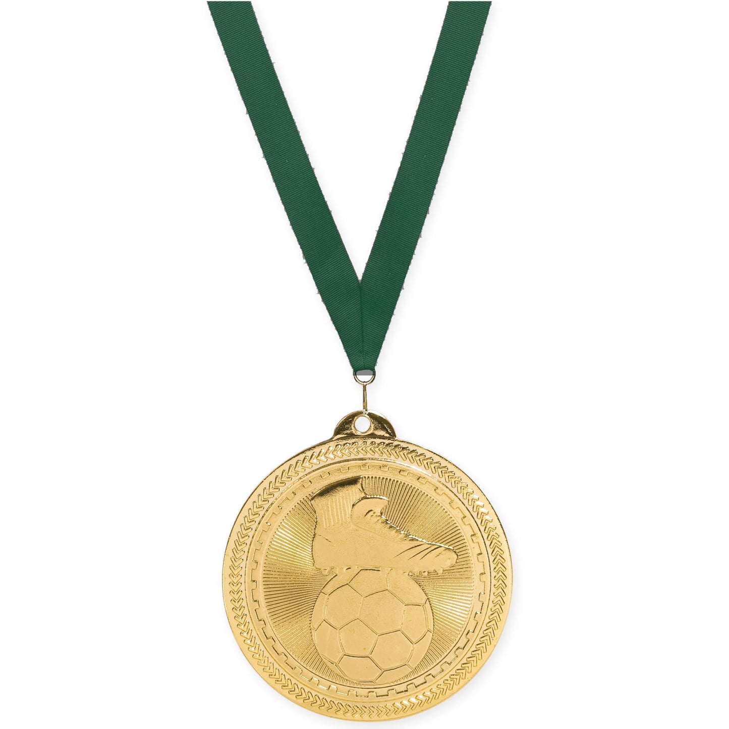 2 inch soccer medal in bright gold with Hunter Green neck ribbon