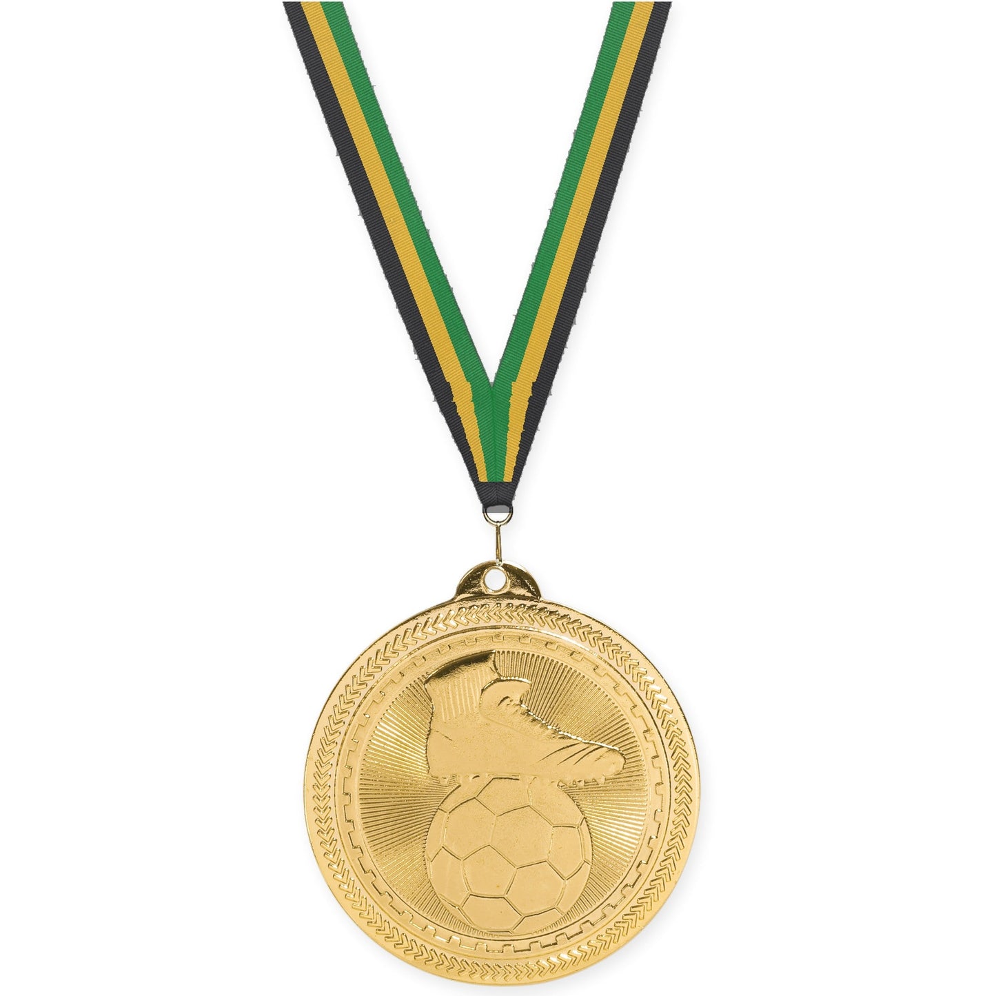 2 inch soccer medal in bright gold with Black Gold Green neck ribbon
