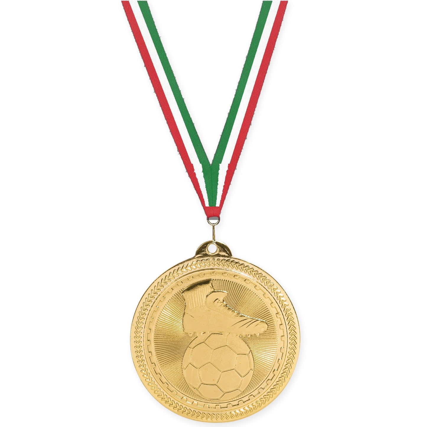2 inch soccer medal in bright gold with Red White Green neck ribbon