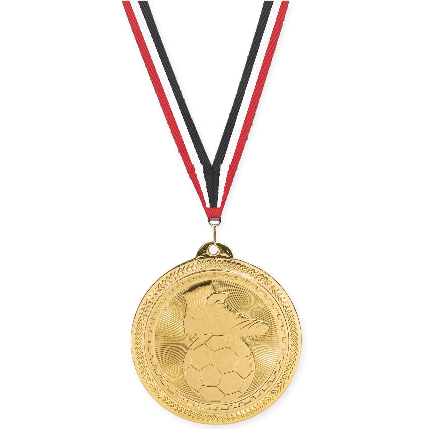 2 inch soccer medal in bright gold with Red White Black neck ribbon