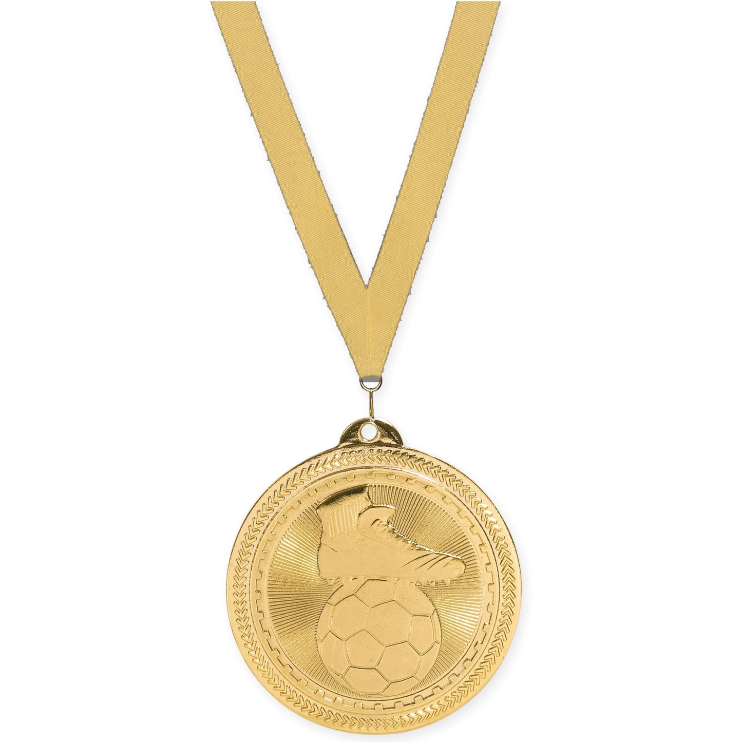 2 inch soccer medal in bright gold with Gold Metallic neck ribbon