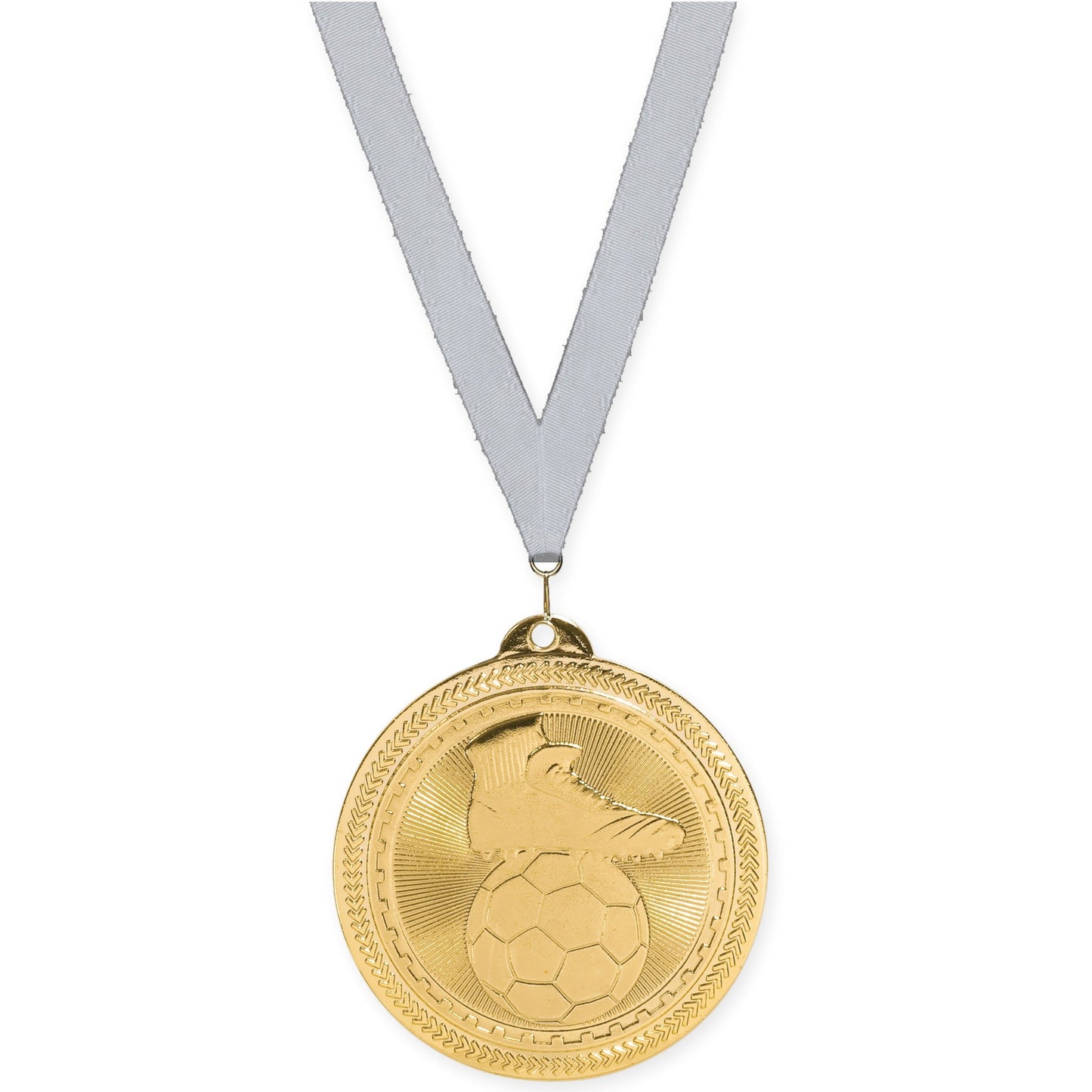 2 inch soccer medal in bright gold with Silver Metallic neck ribbon