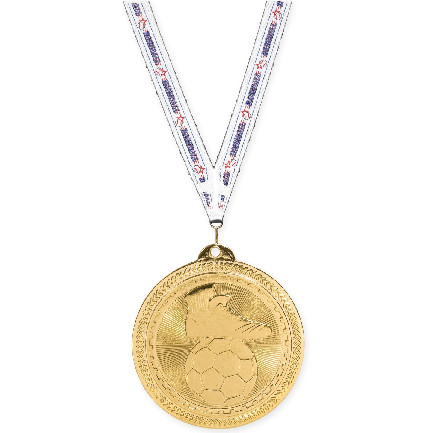 2 inch soccer medal in bright gold with Baseball neck ribbon