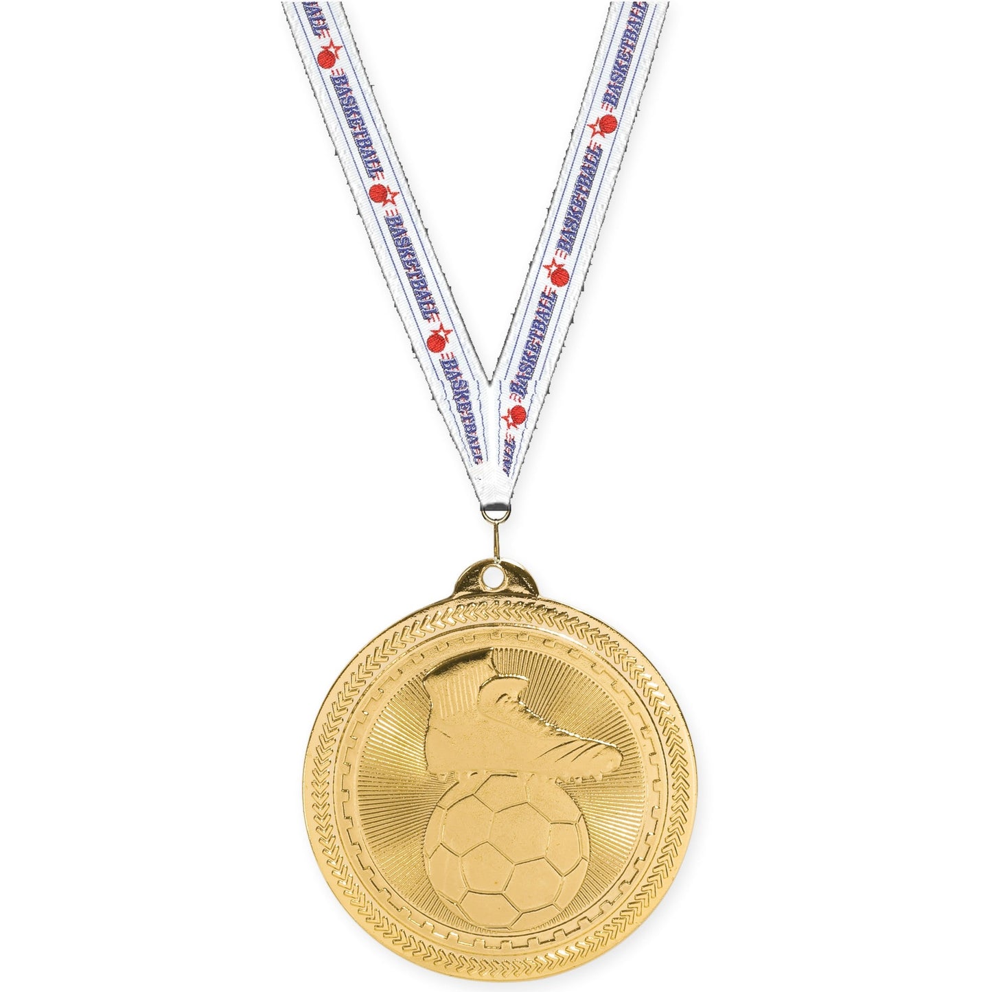 2 inch soccer medal in bright gold with Basketball neck ribbon