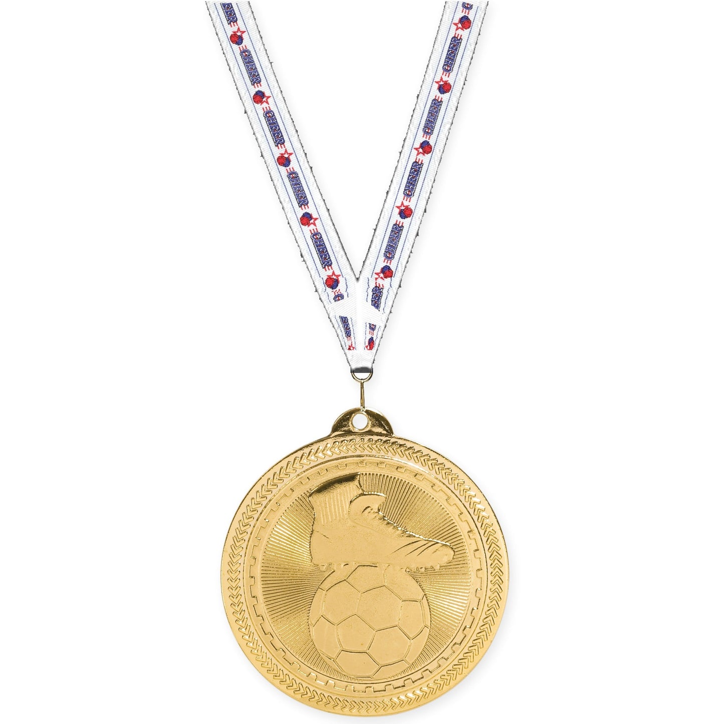 2 inch soccer medal in bright gold with Cheerleading neck ribbon