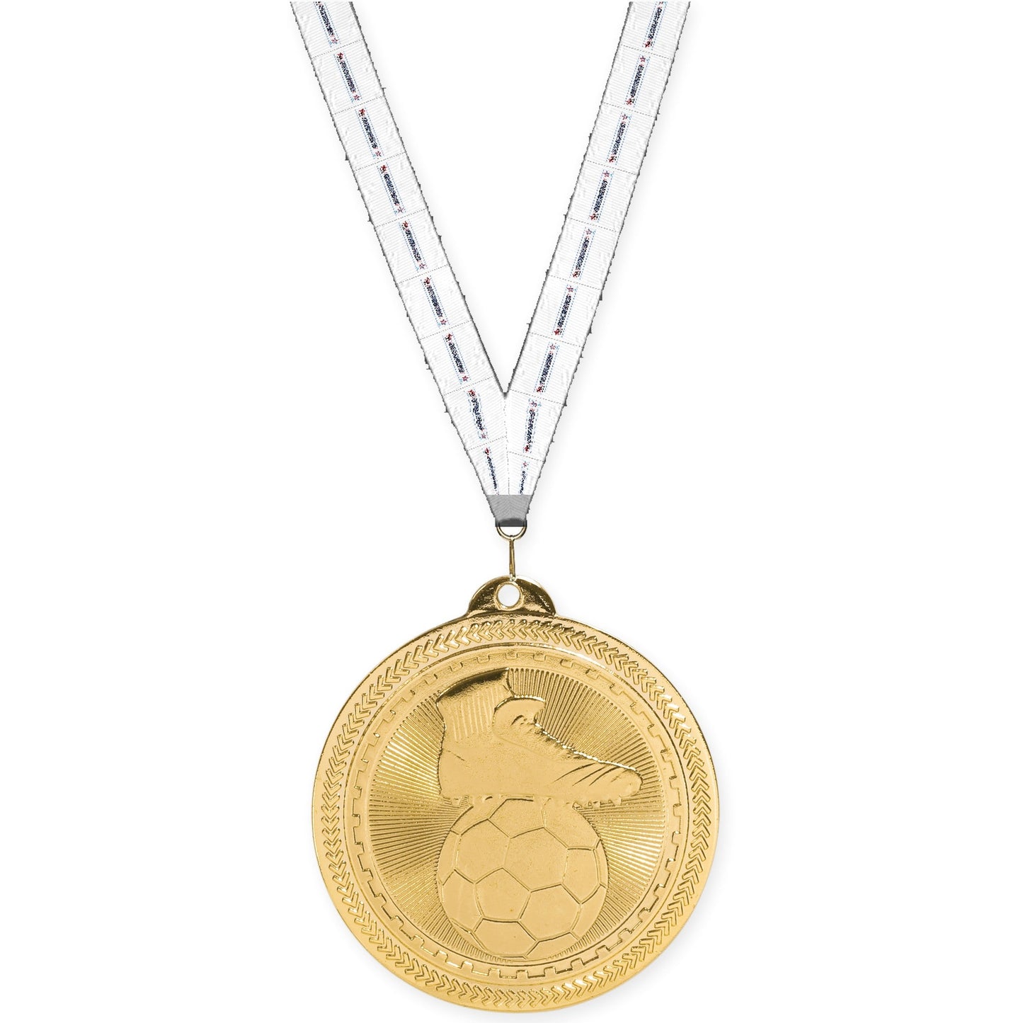 2 inch soccer medal in bright gold with Gymnastics neck ribbon