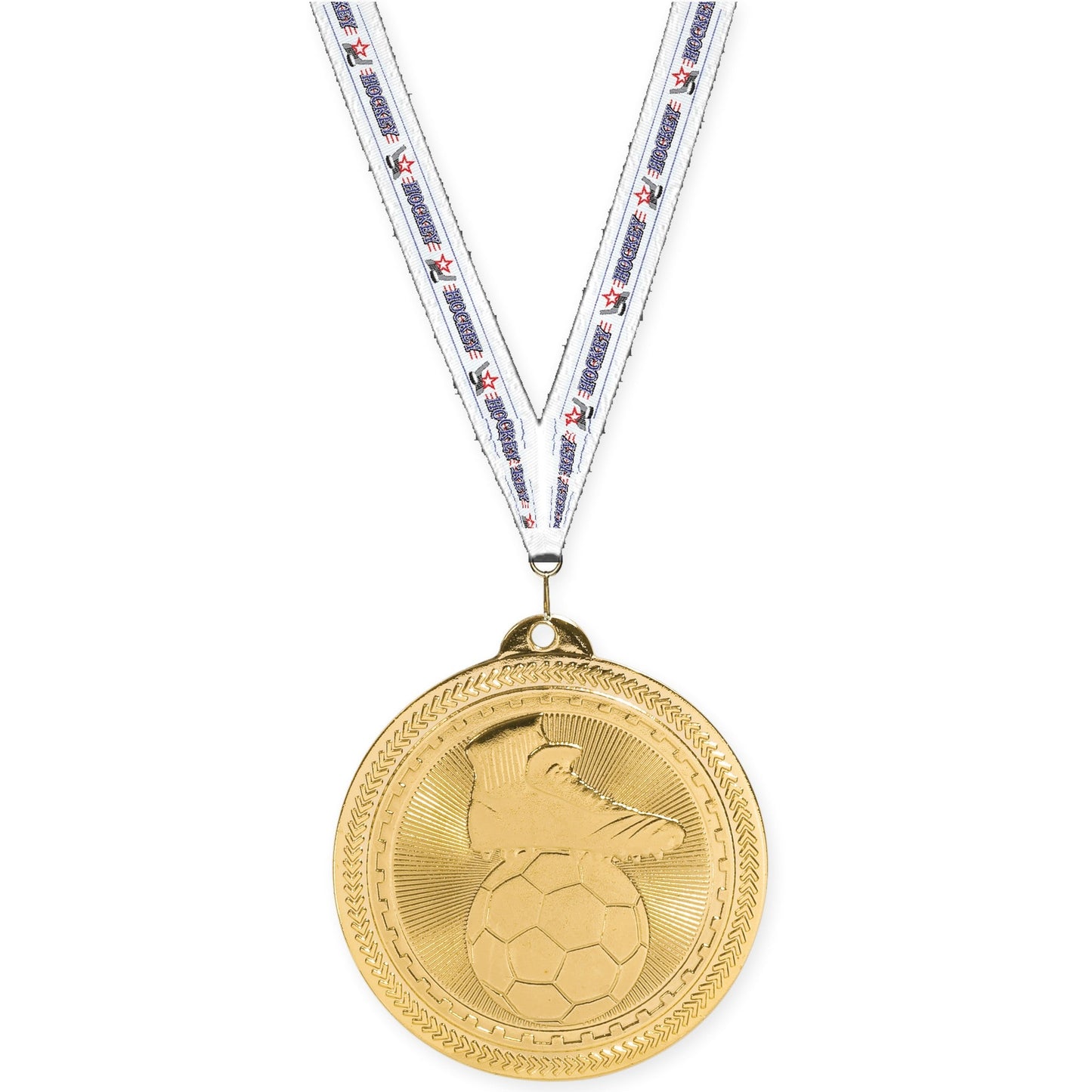 2 inch soccer medal in bright gold with Hockey neck ribbon