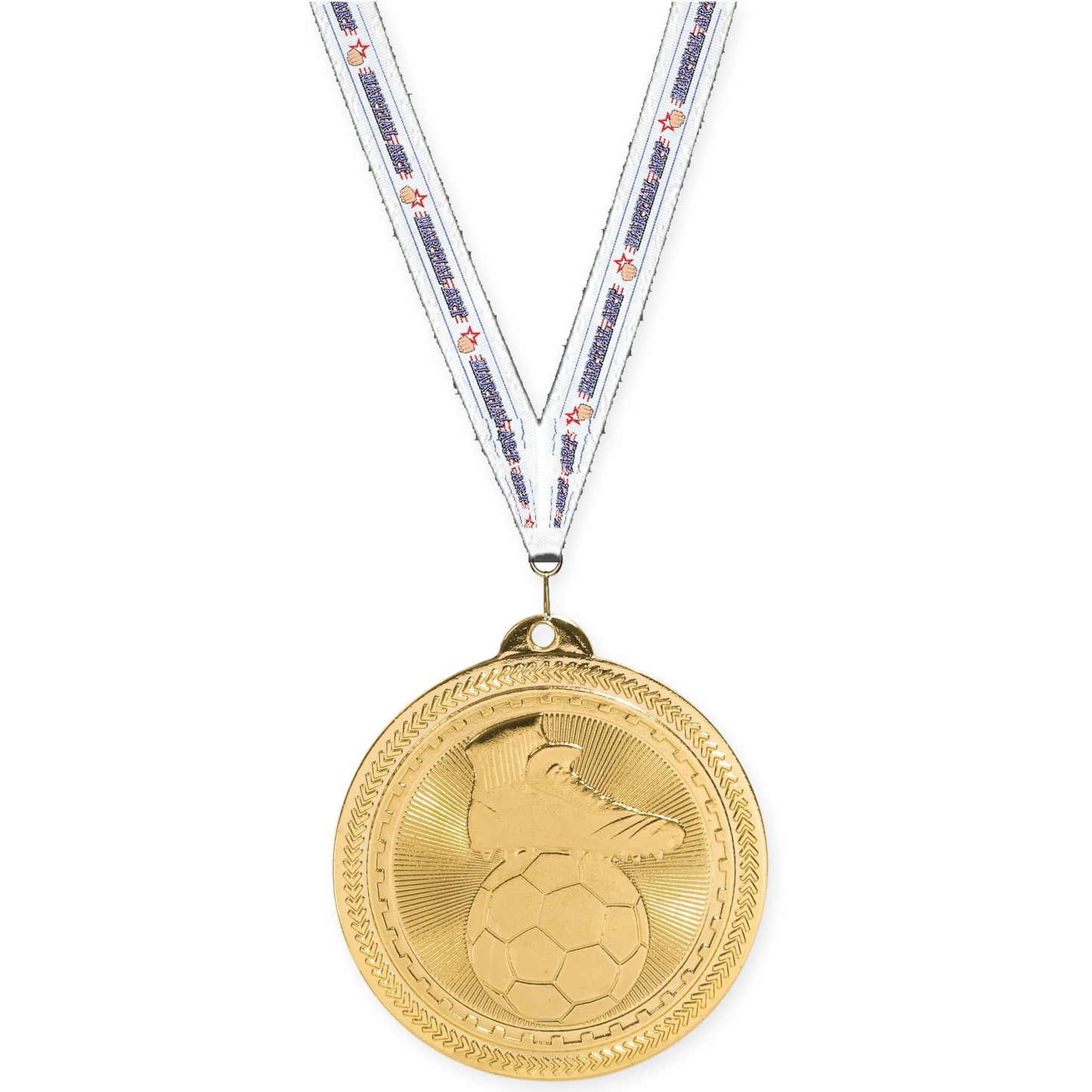 2 inch soccer medal in bright gold with Martial Arts neck ribbon