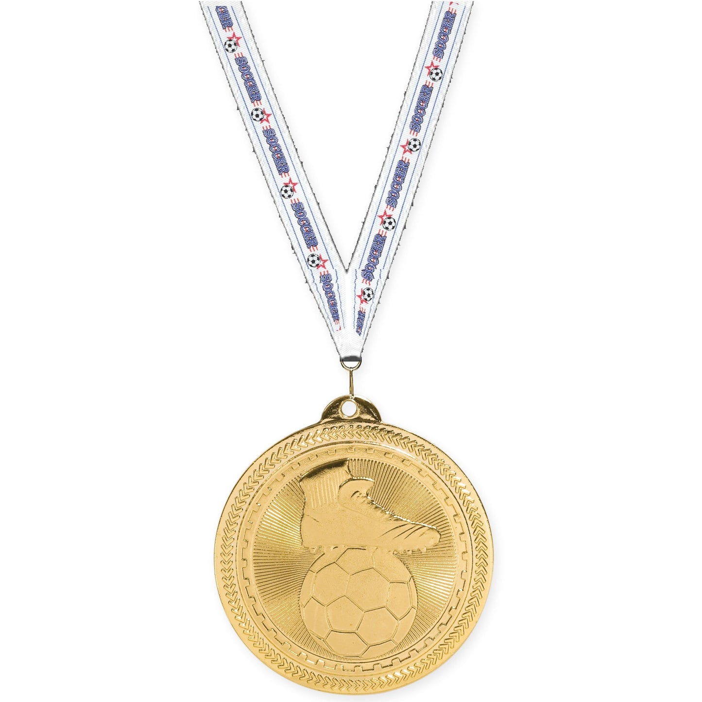 2 inch soccer medal in bright gold with Soccer neck ribbon