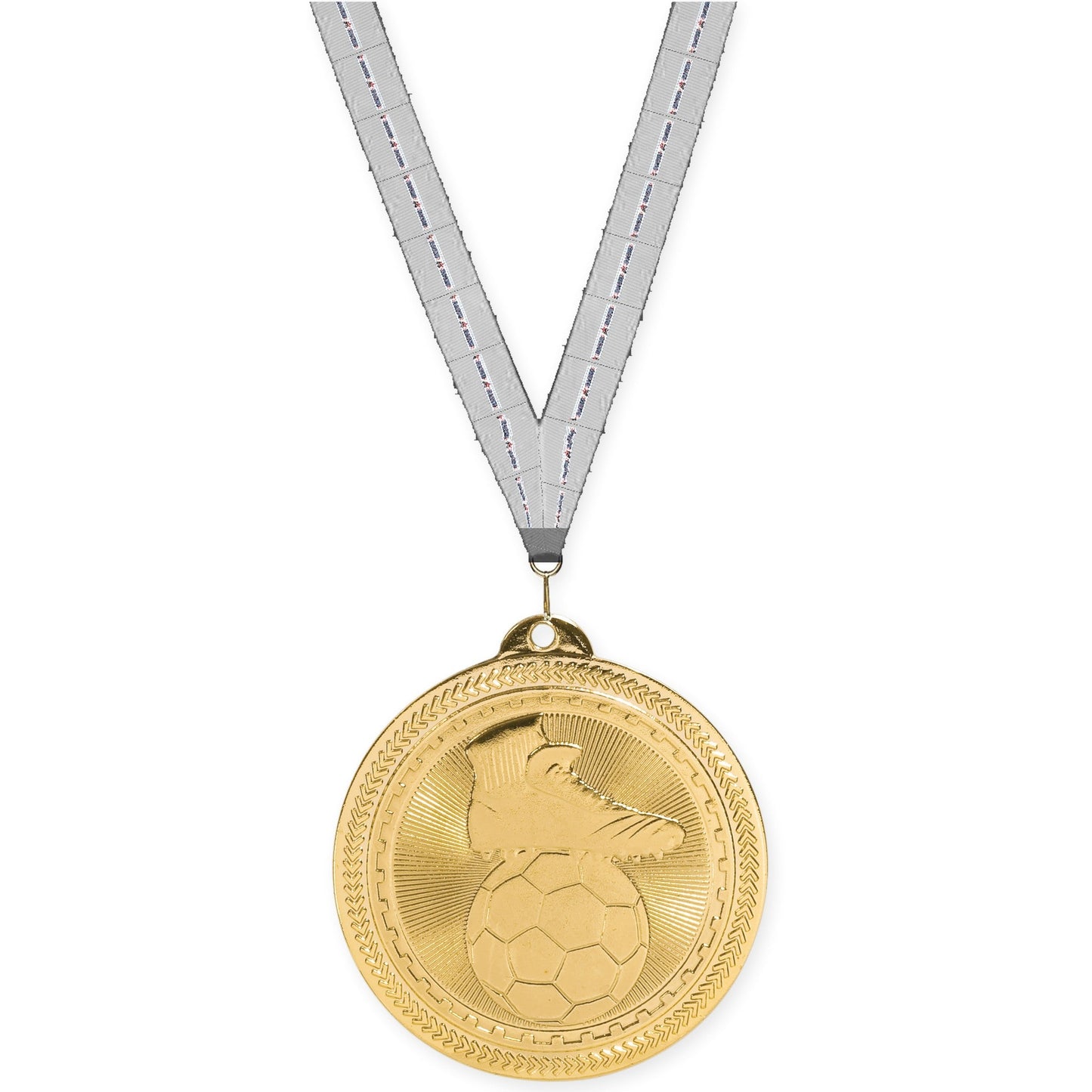 2 inch soccer medal in bright gold with Auto Racing neck ribbon