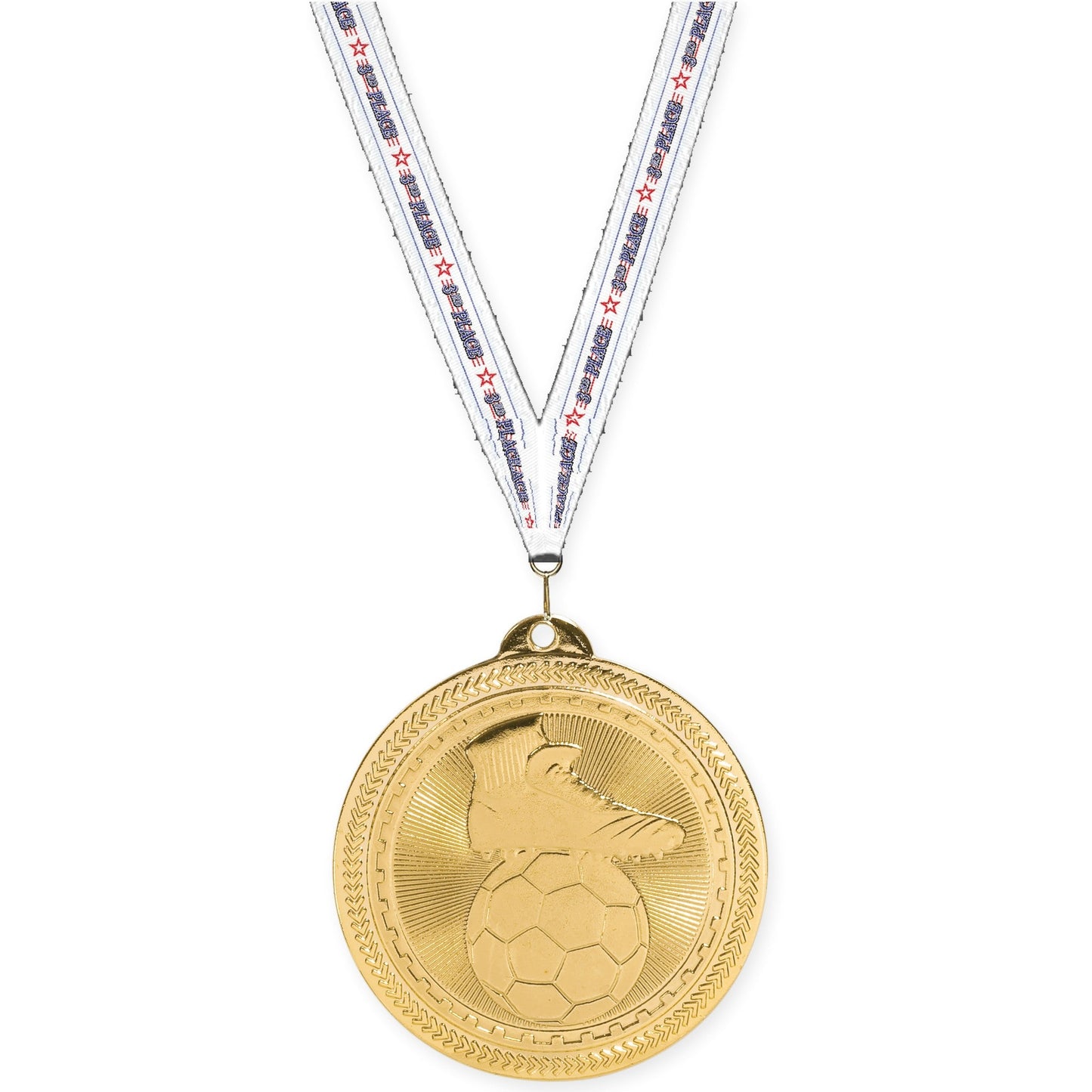 2 inch soccer medal in bright gold with 3rd Place neck ribbon