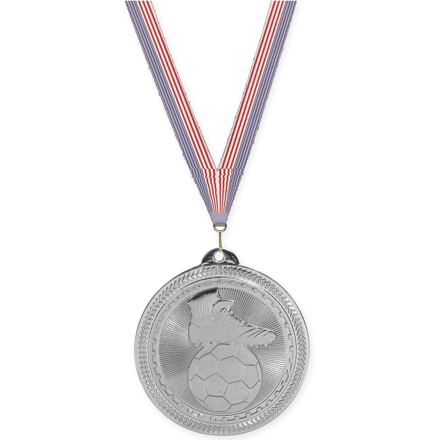 2 inch soccer medal in bright silver with USA Flag neck ribbon
