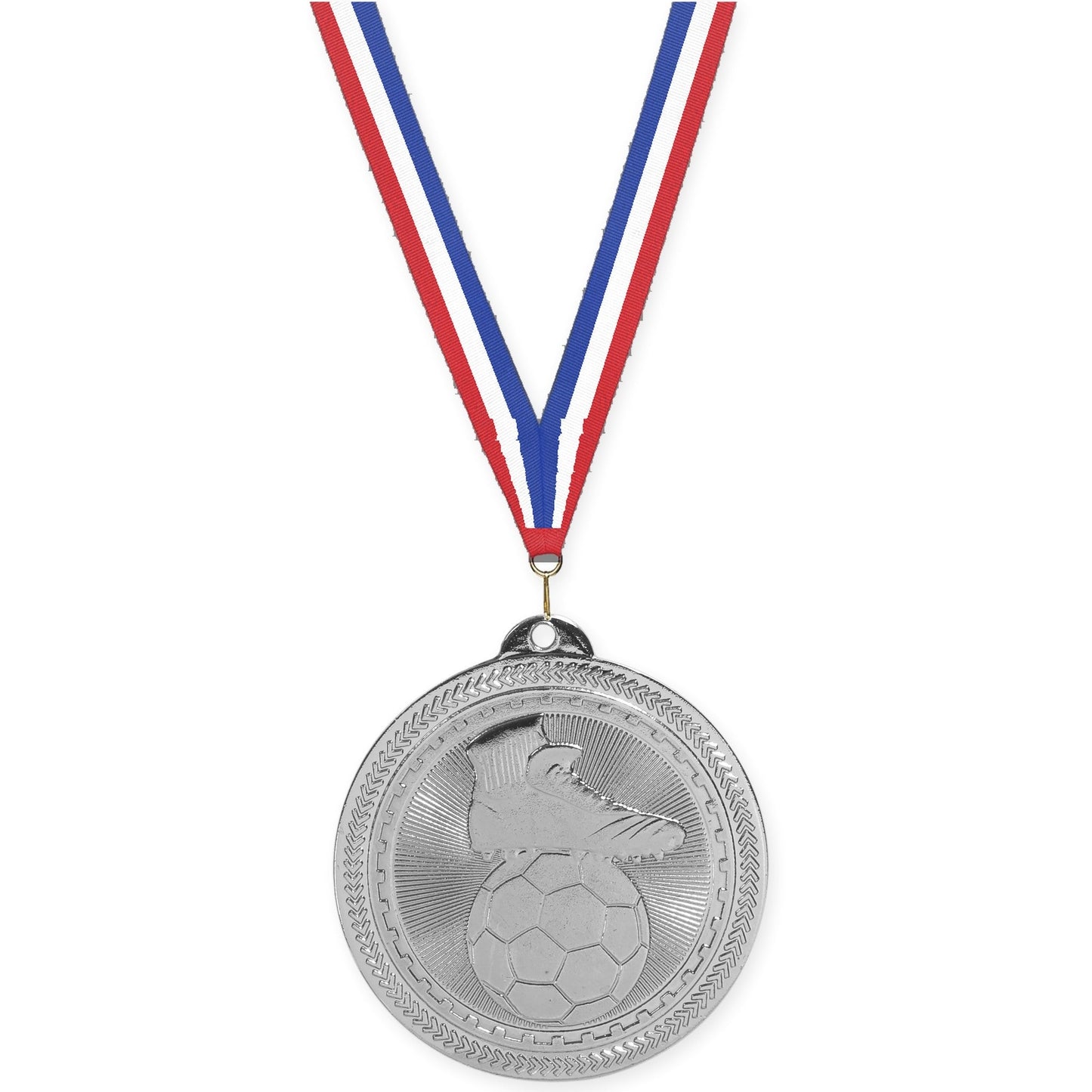 2 inch soccer medal in bright silver with Red White Blue neck ribbon