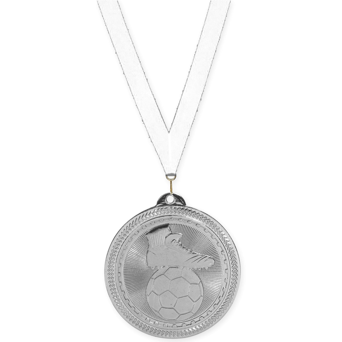 2 inch soccer medal in bright silver with White neck ribbon