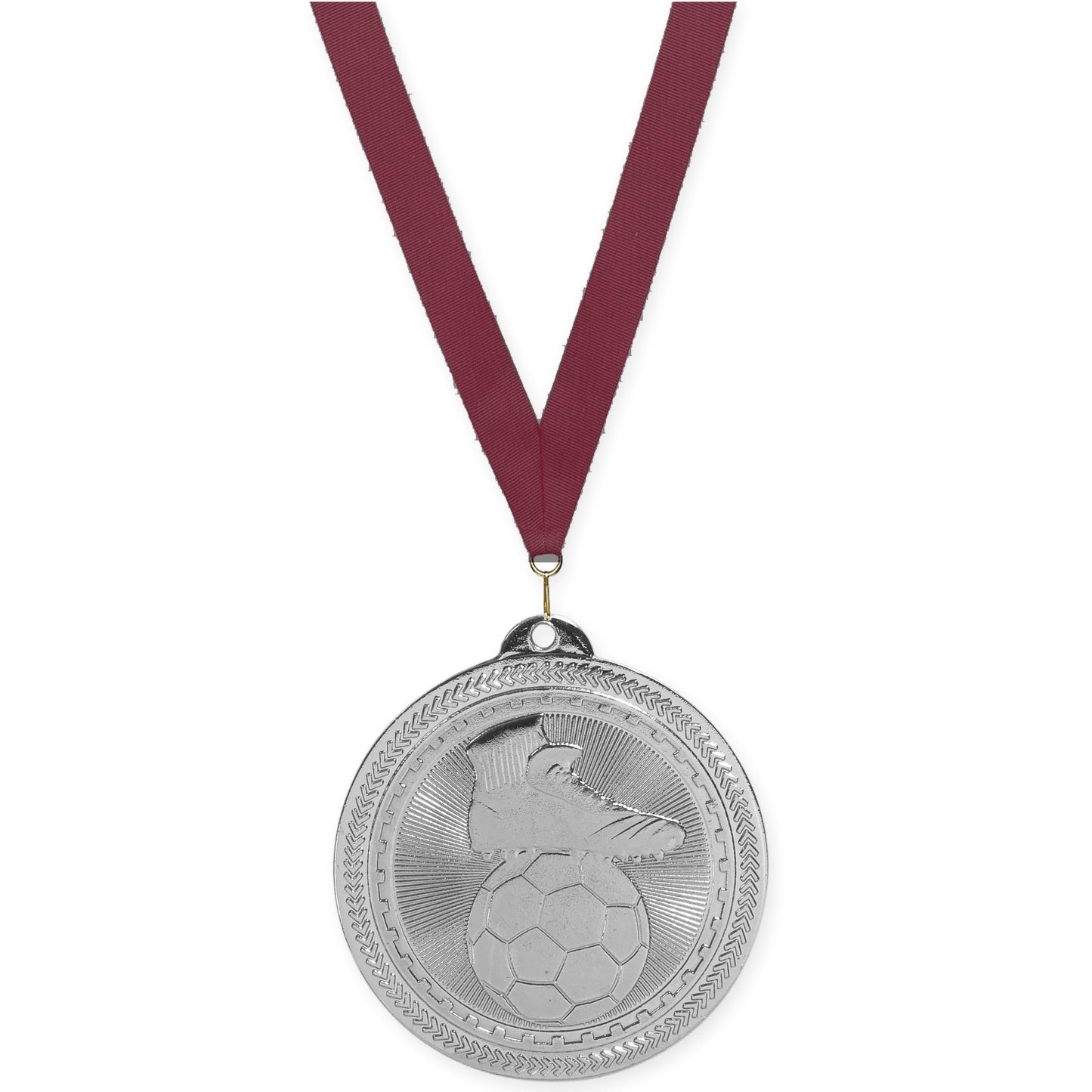 2 inch soccer medal in bright silver with Maroon neck ribbon