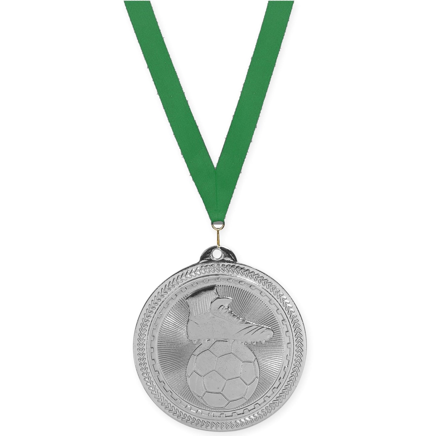 2 inch soccer medal in bright silver with Green neck ribbon