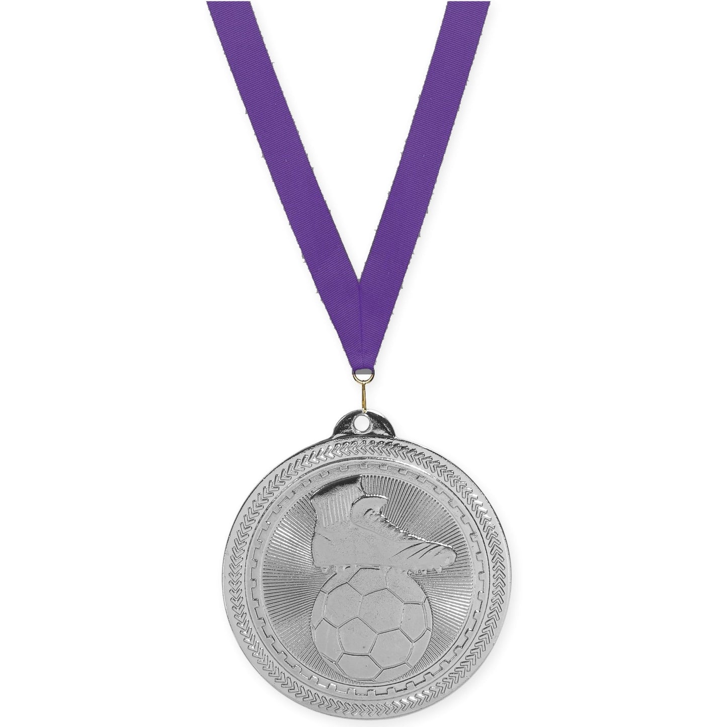 2 inch soccer medal in bright silver with Purple neck ribbon