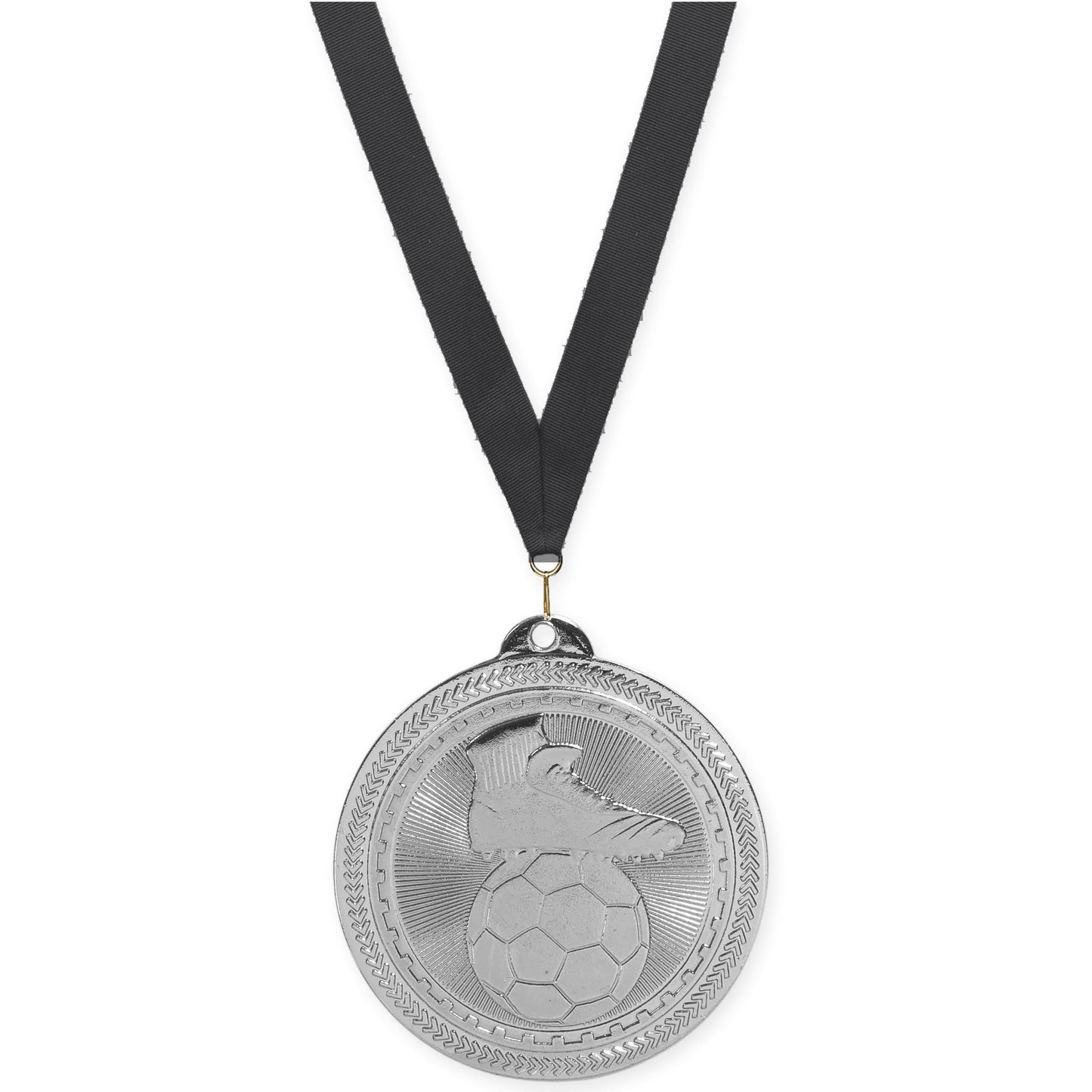 2 inch soccer medal in bright silver with Black neck ribbon