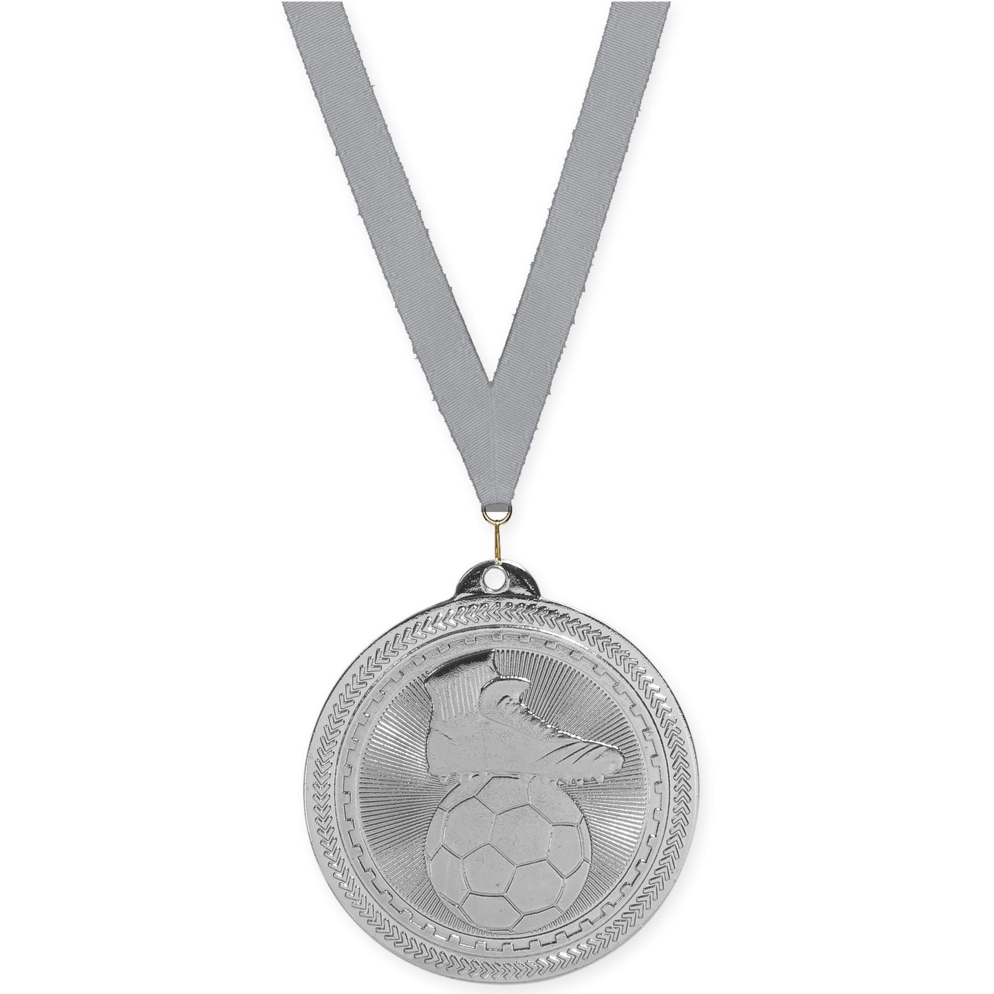 2 inch soccer medal in bright silver with Gray neck ribbon