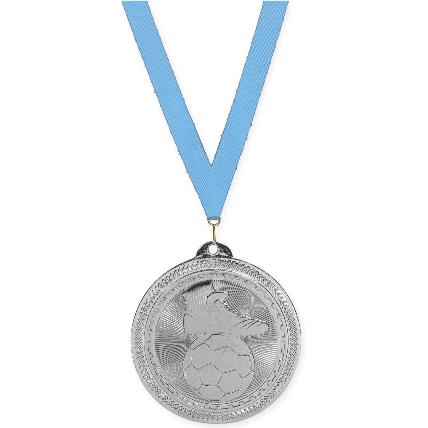 2 inch soccer medal in bright silver with Light Blue neck ribbon