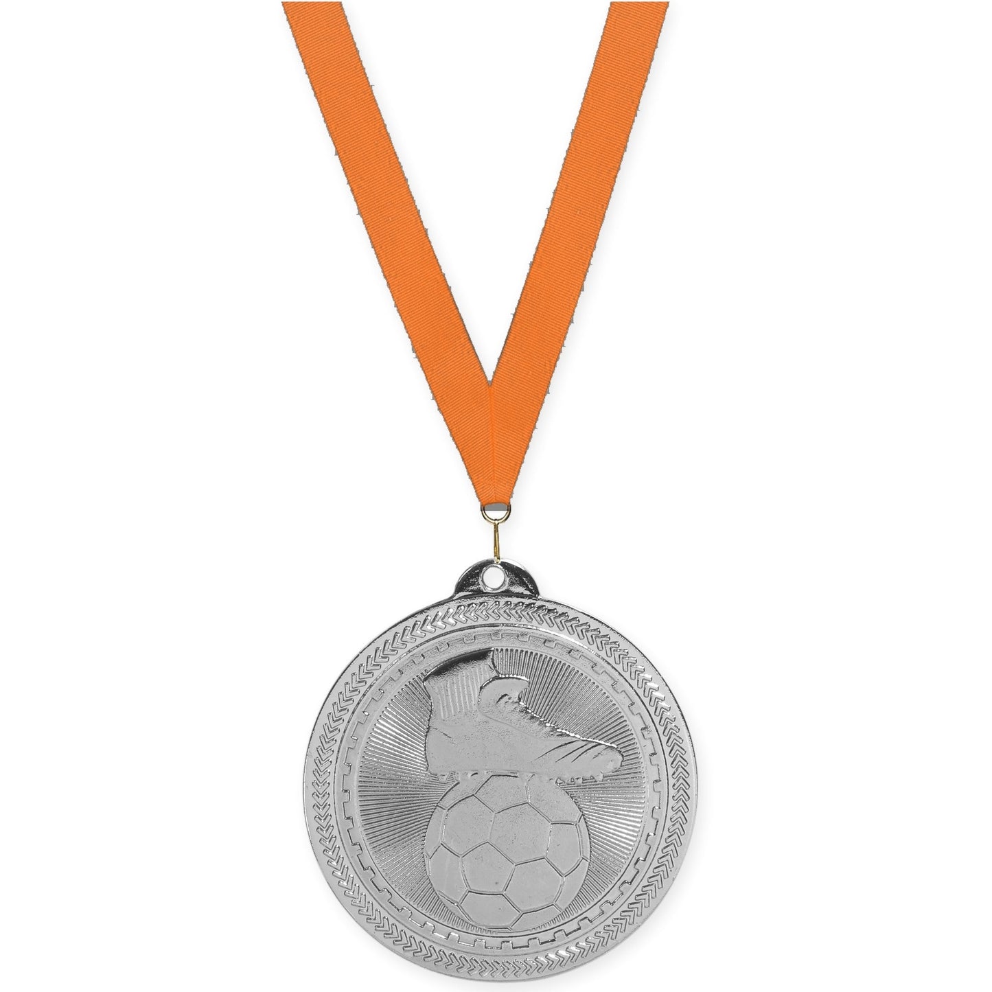 2 inch soccer medal in bright silver with Orange neck ribbon