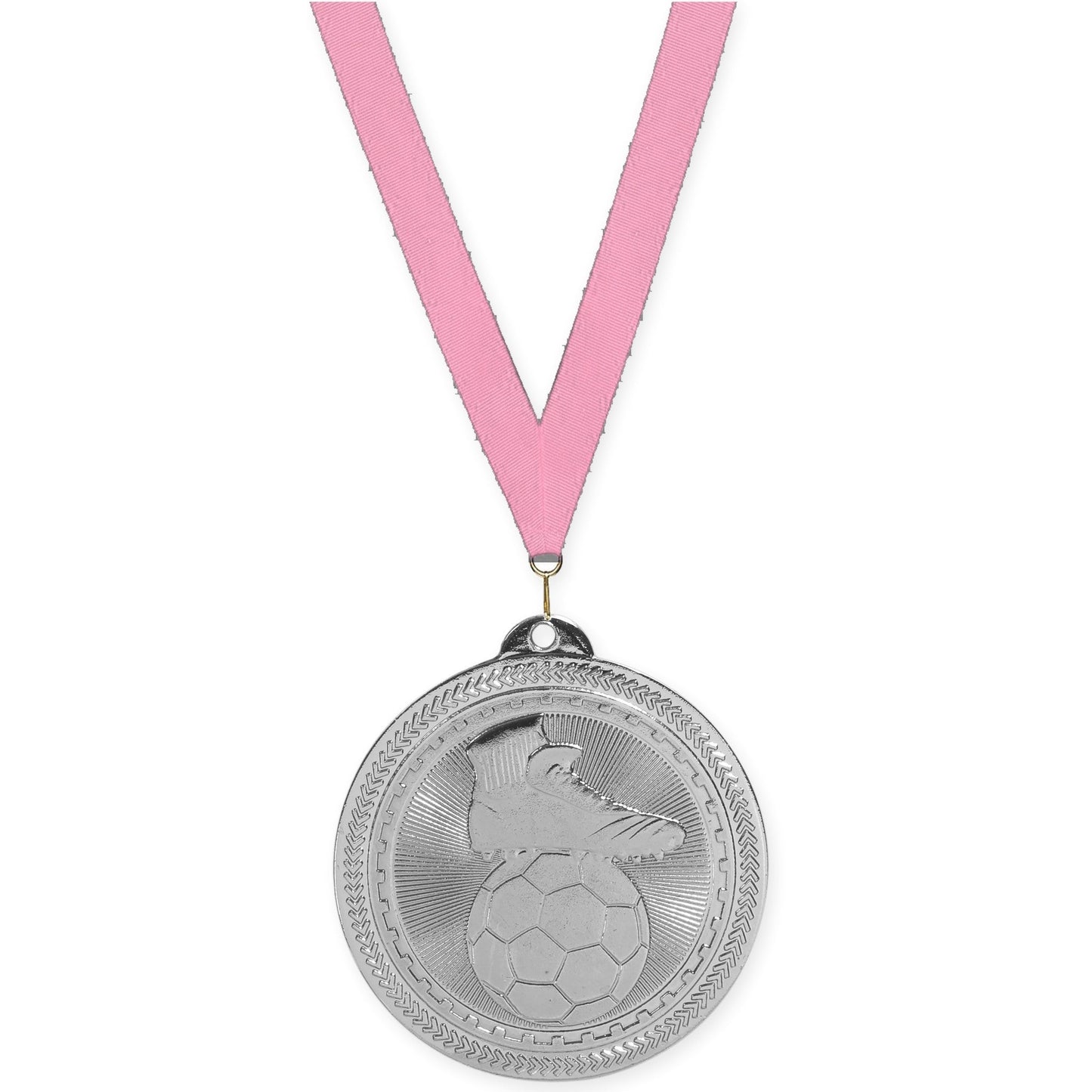 2 inch soccer medal in bright silver with Pink neck ribbon