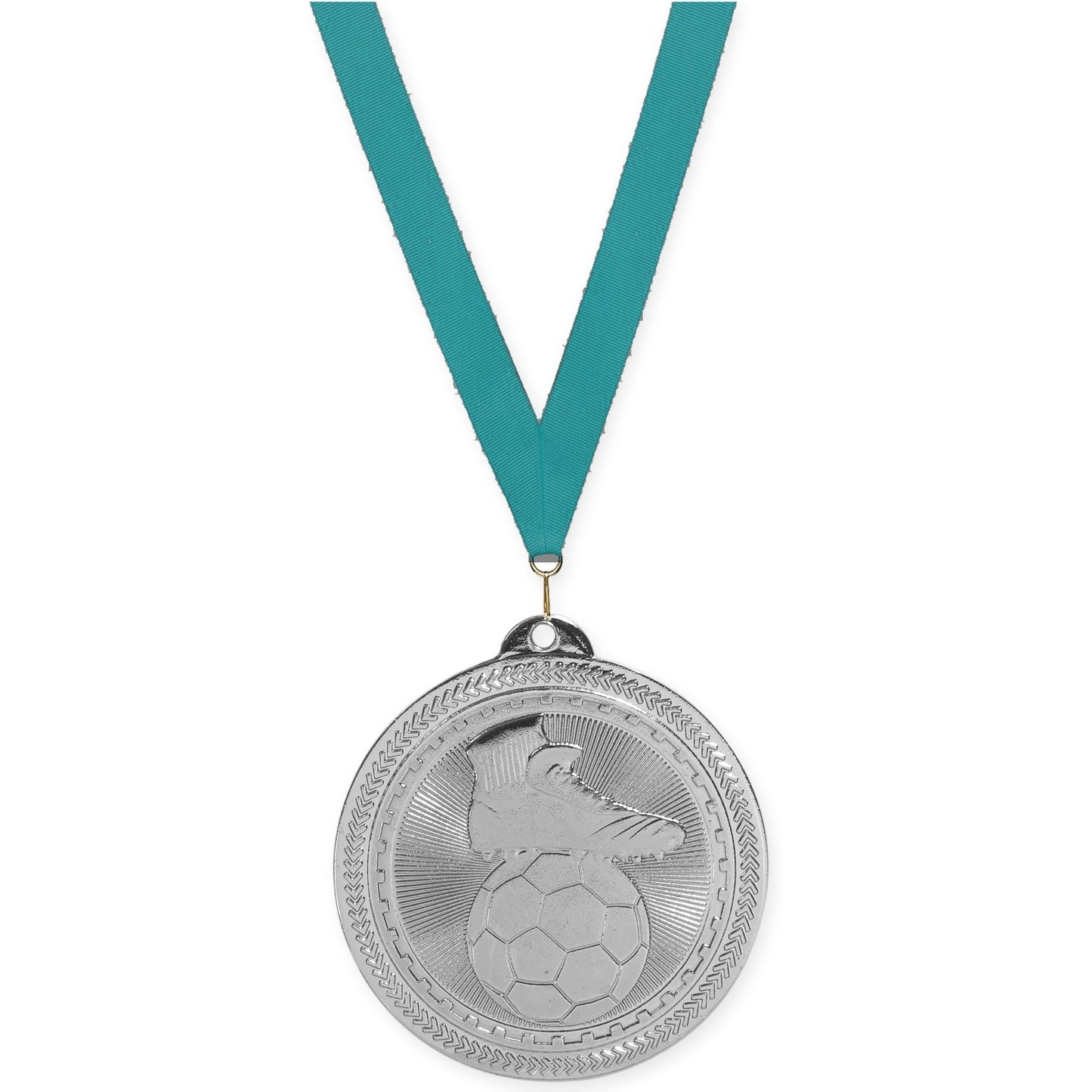 2 inch soccer medal in bright silver with Teal neck ribbon