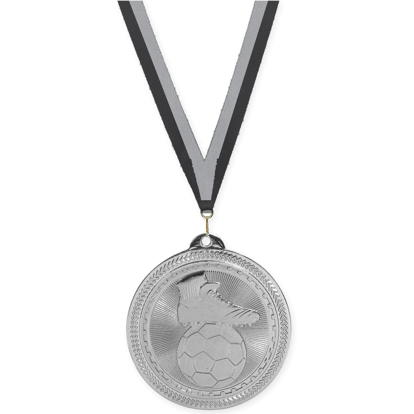 2 inch soccer medal in bright silver with Black Gray neck ribbon
