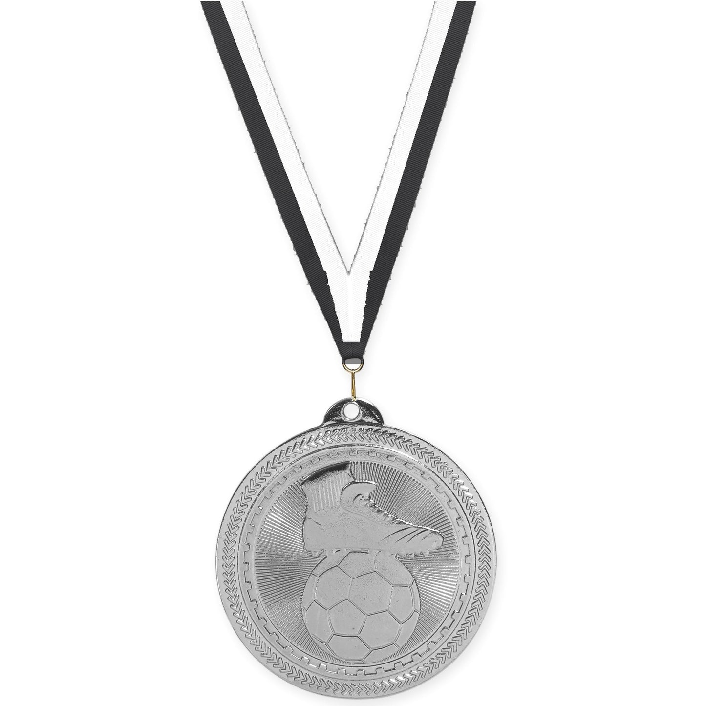 2 inch soccer medal in bright silver with Black White neck ribbon