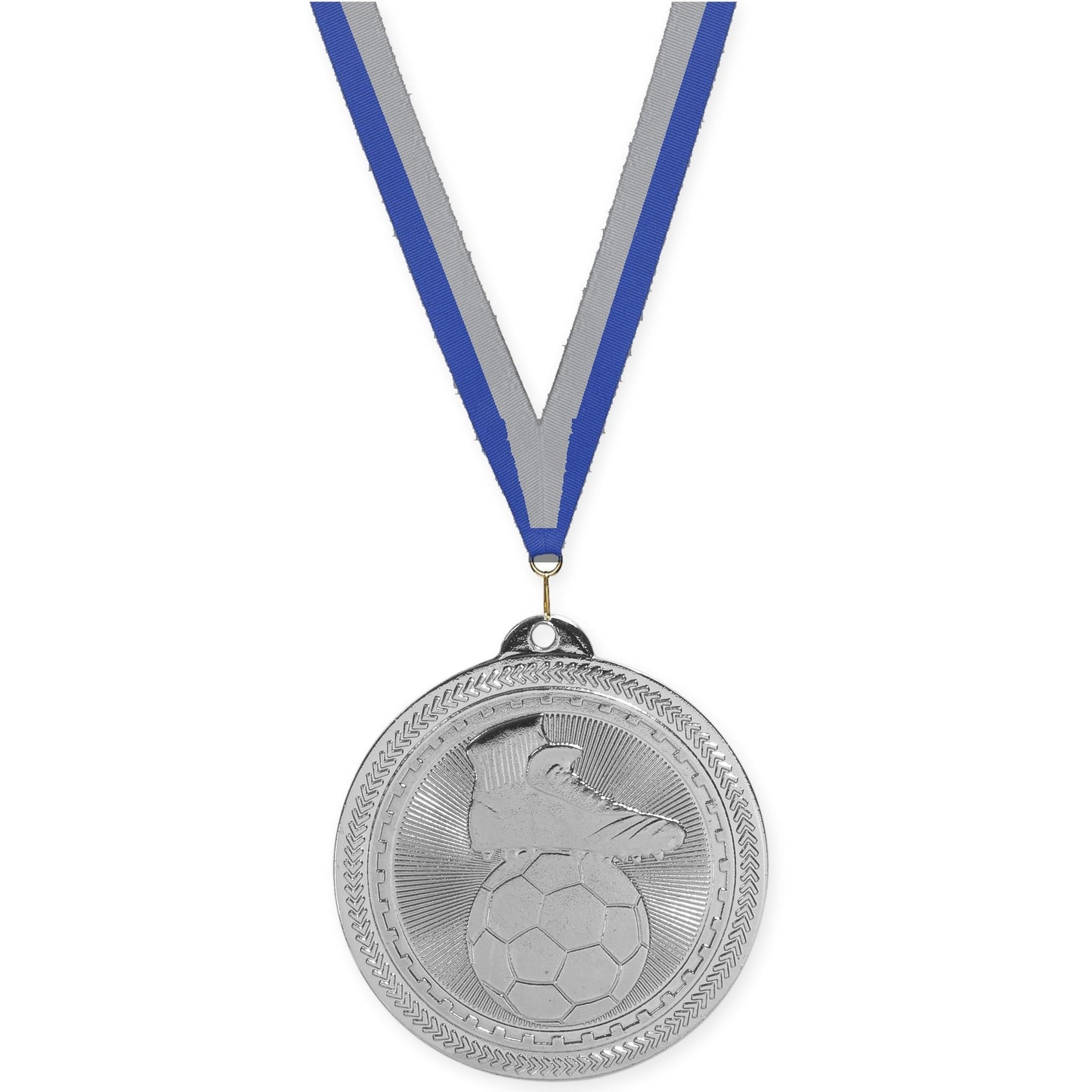 2 inch soccer medal in bright silver with Blue Gray neck ribbon