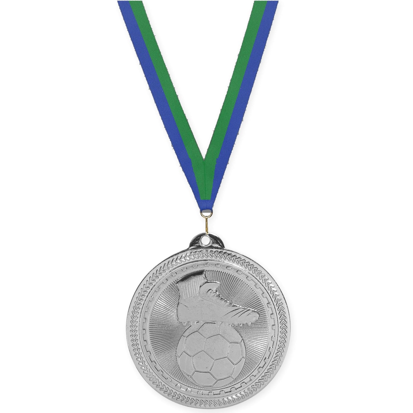 2 inch soccer medal in bright silver with Blue Green neck ribbon