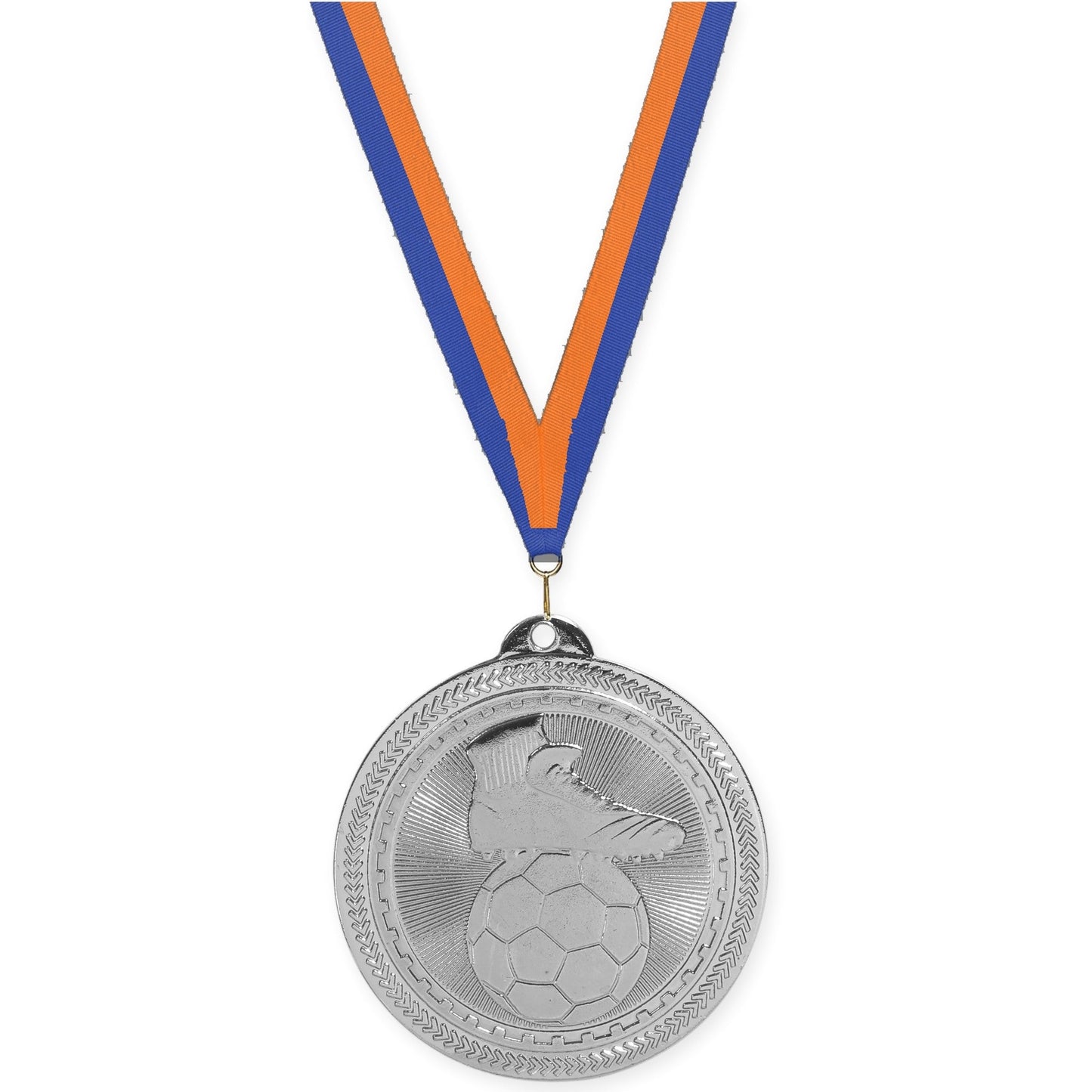 2 inch soccer medal in bright silver with Blue Orange neck ribbon