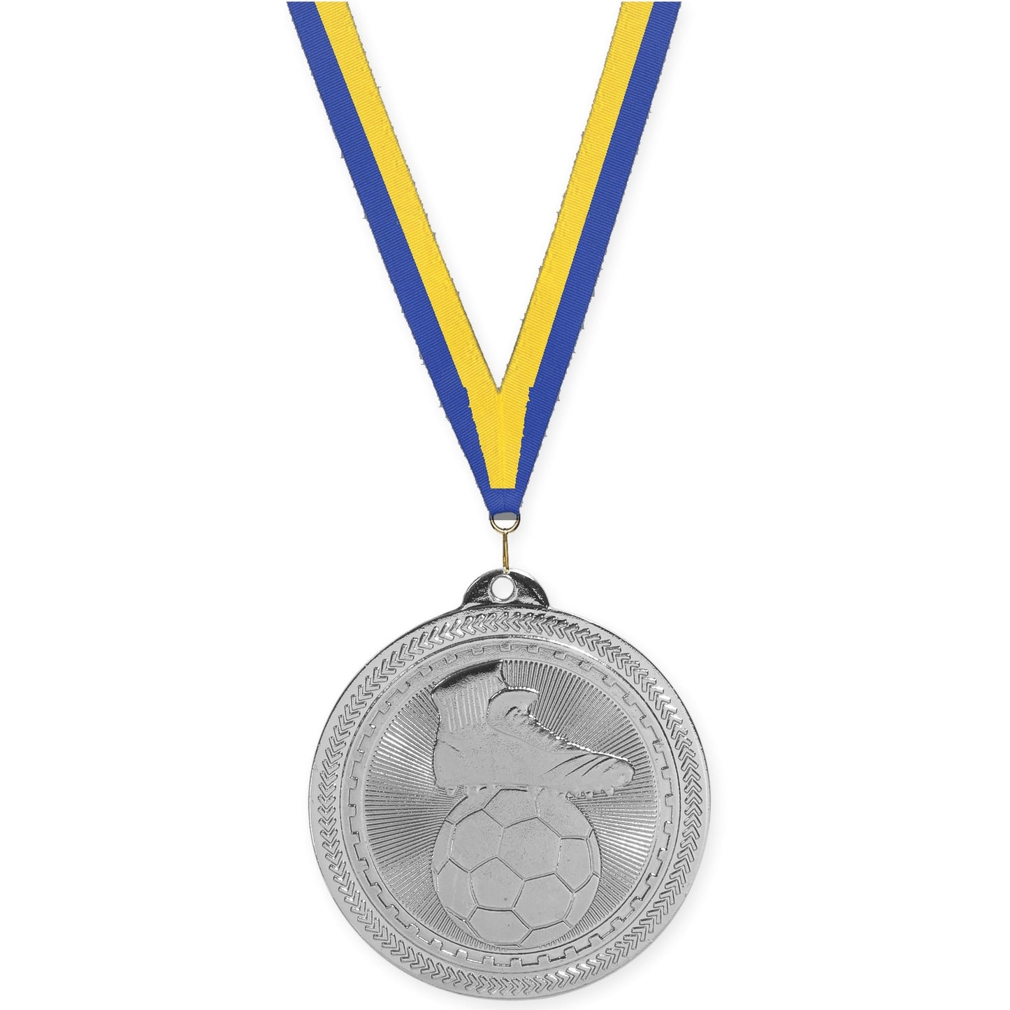2 inch soccer medal in bright silver with Blue Yellow neck ribbon