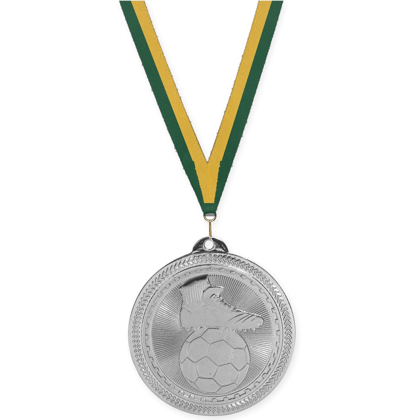 2 inch soccer medal in bright silver with Hunter Green Gold neck ribbon