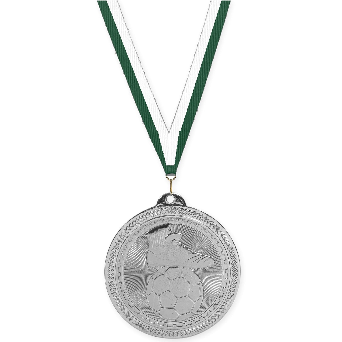 2 inch soccer medal in bright silver with Hunter Green White neck ribbon