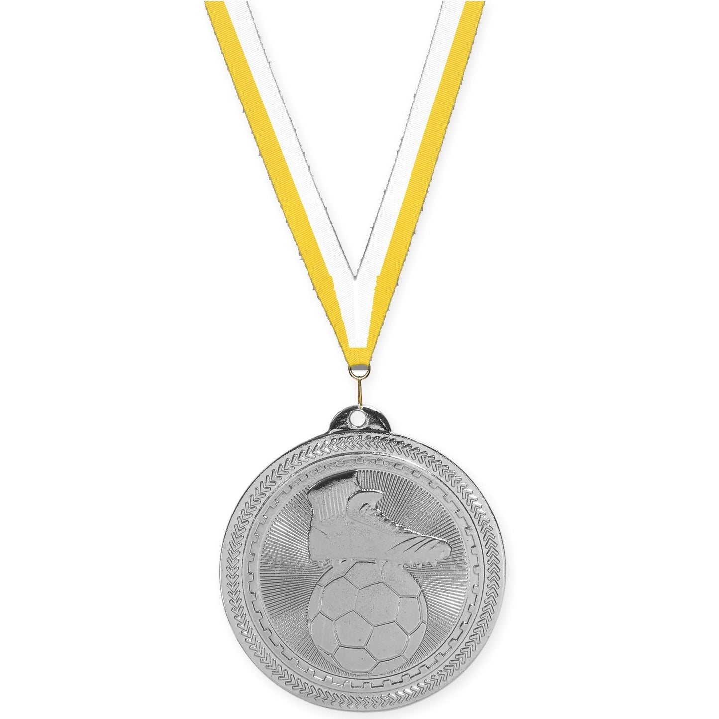 2 inch soccer medal in bright silver with Yellow White neck ribbon