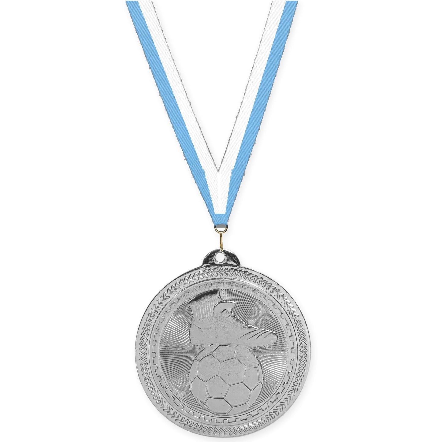 2 inch soccer medal in bright silver with Light Blue White neck ribbon