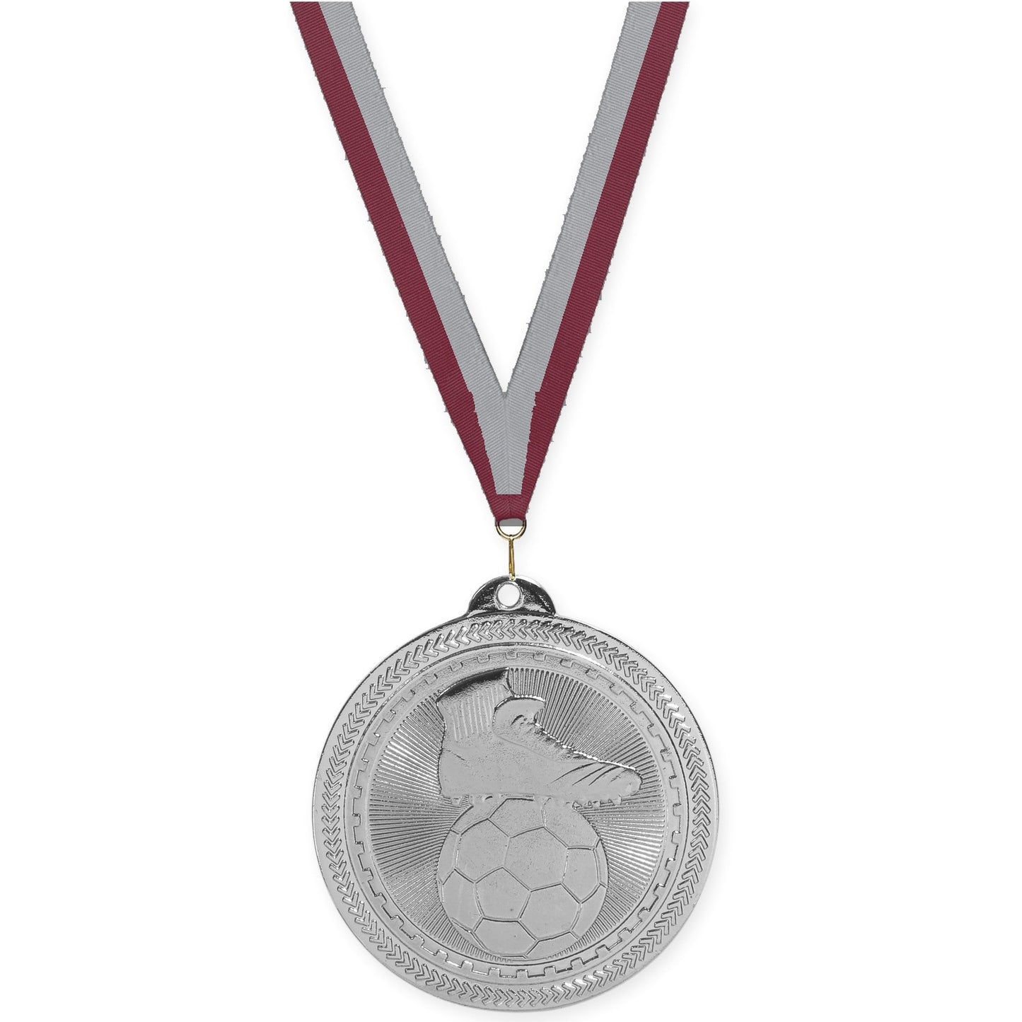 2 inch soccer medal in bright silver with Maroon Gray neck ribbon