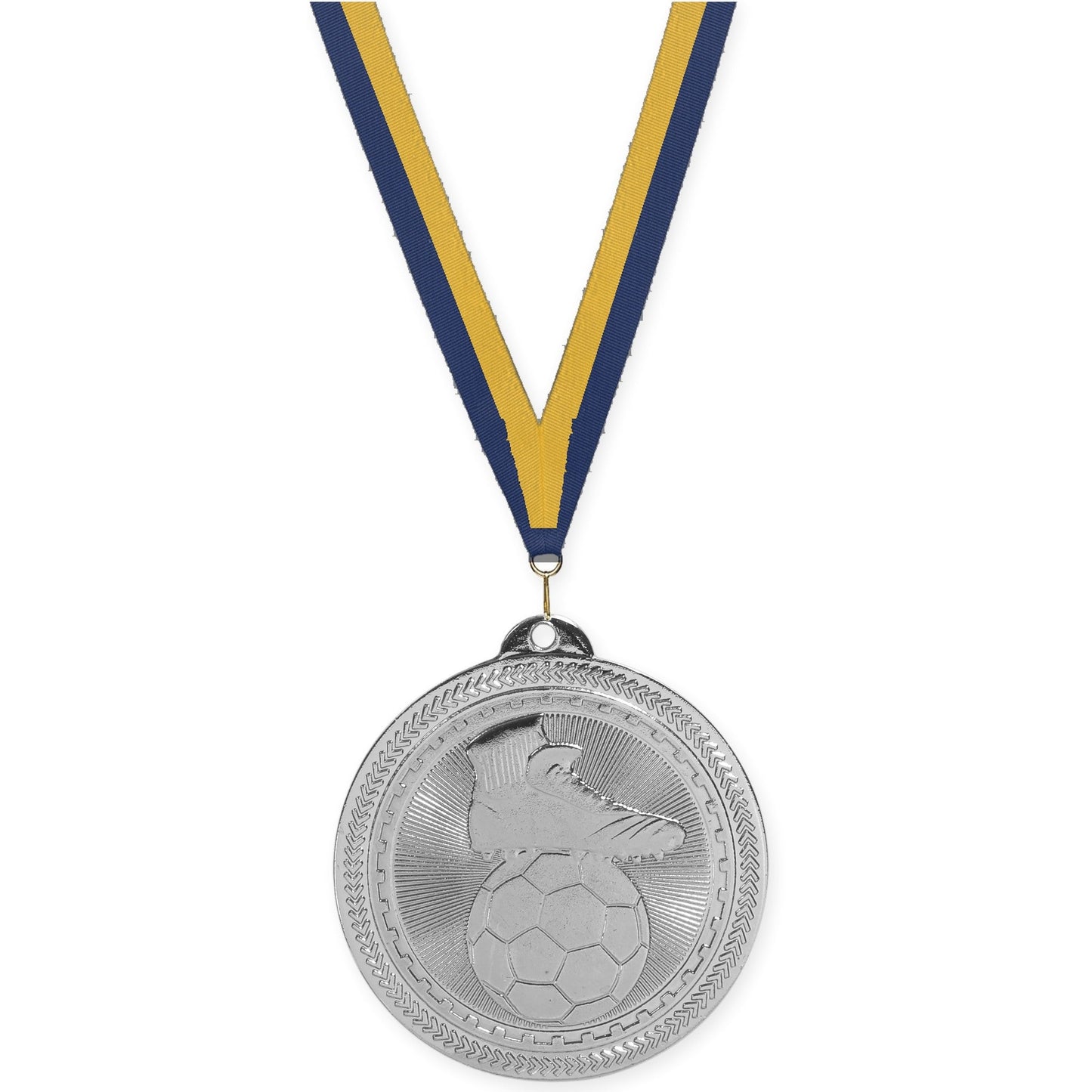 2 inch soccer medal in bright silver with Navy Gold neck ribbon