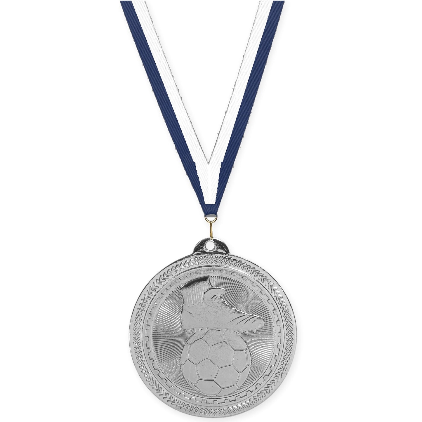 2 inch soccer medal in bright silver with Navy White neck ribbon