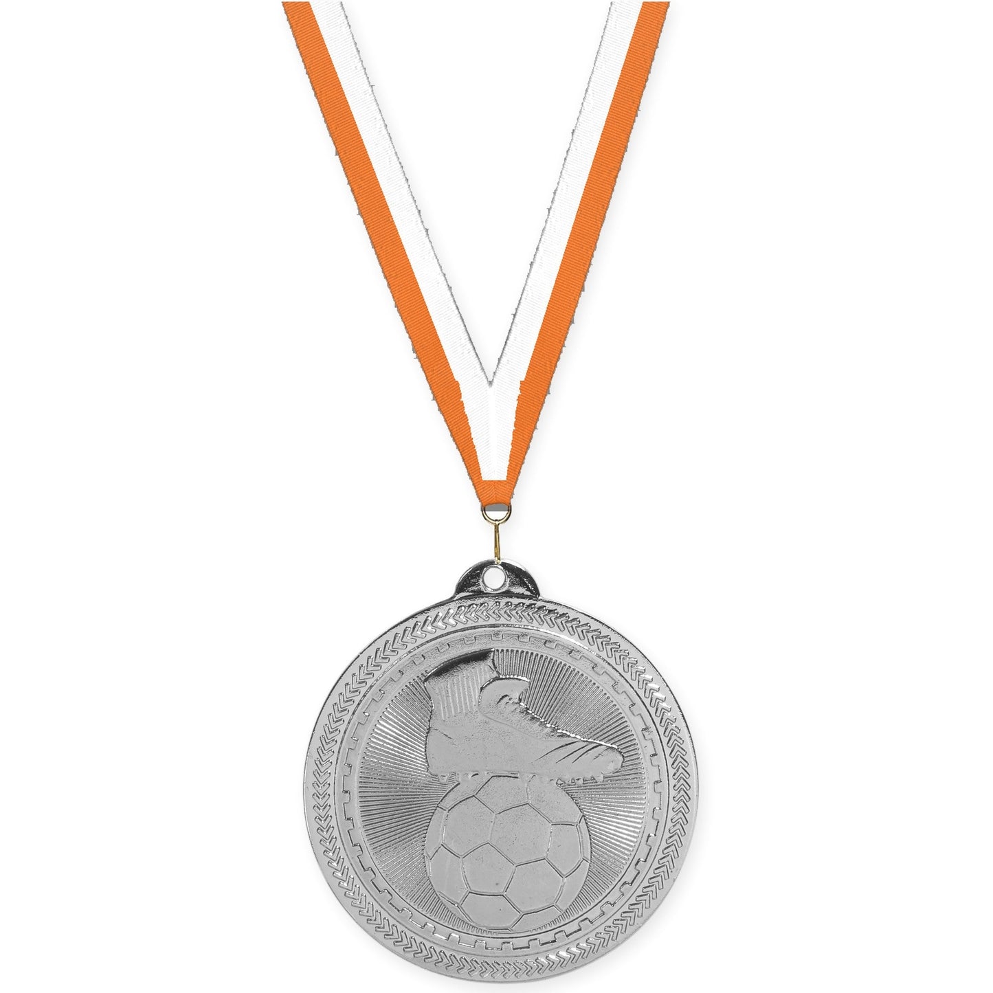2 inch soccer medal in bright silver with Orange White neck ribbon