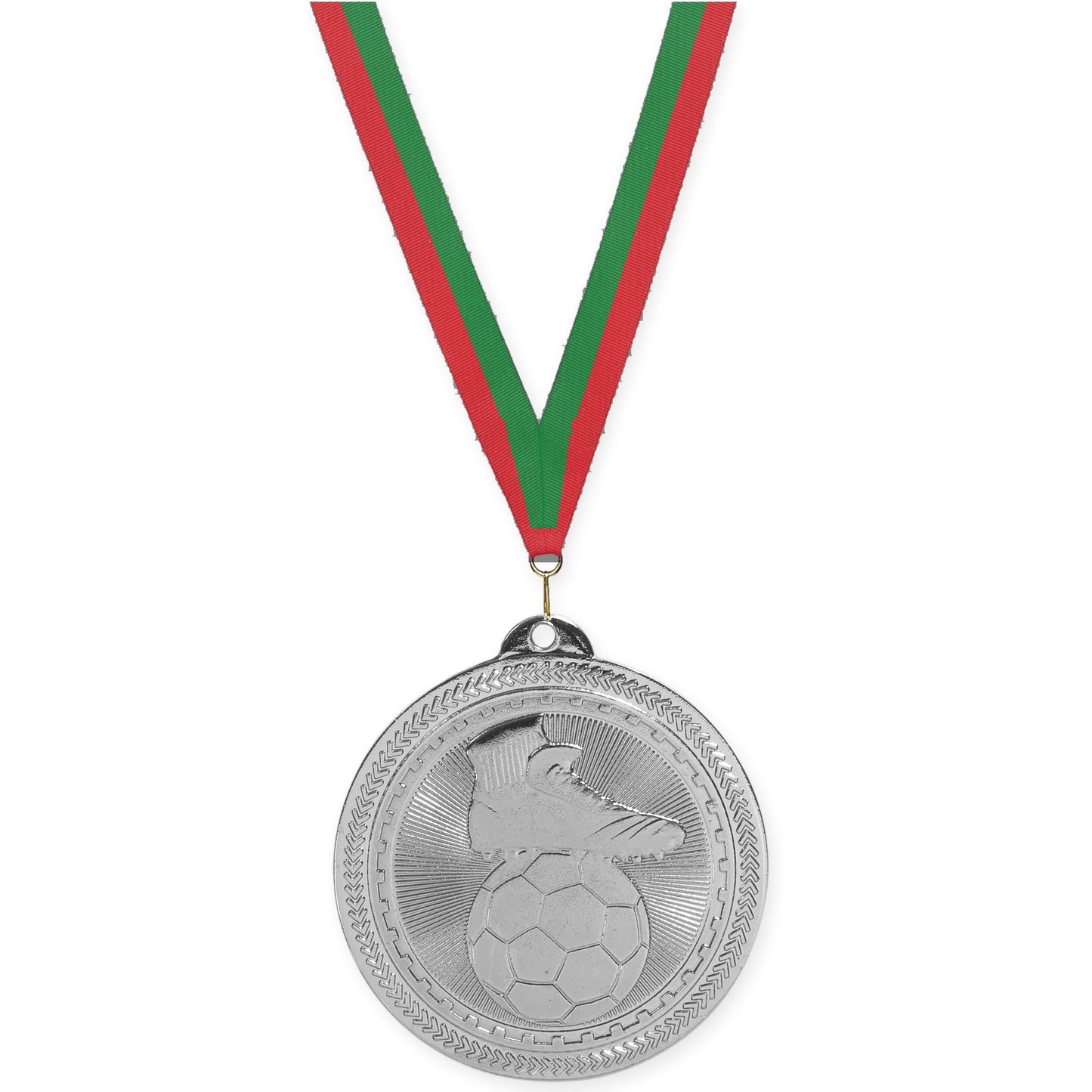 2 inch soccer medal in bright silver with Red Green neck ribbon